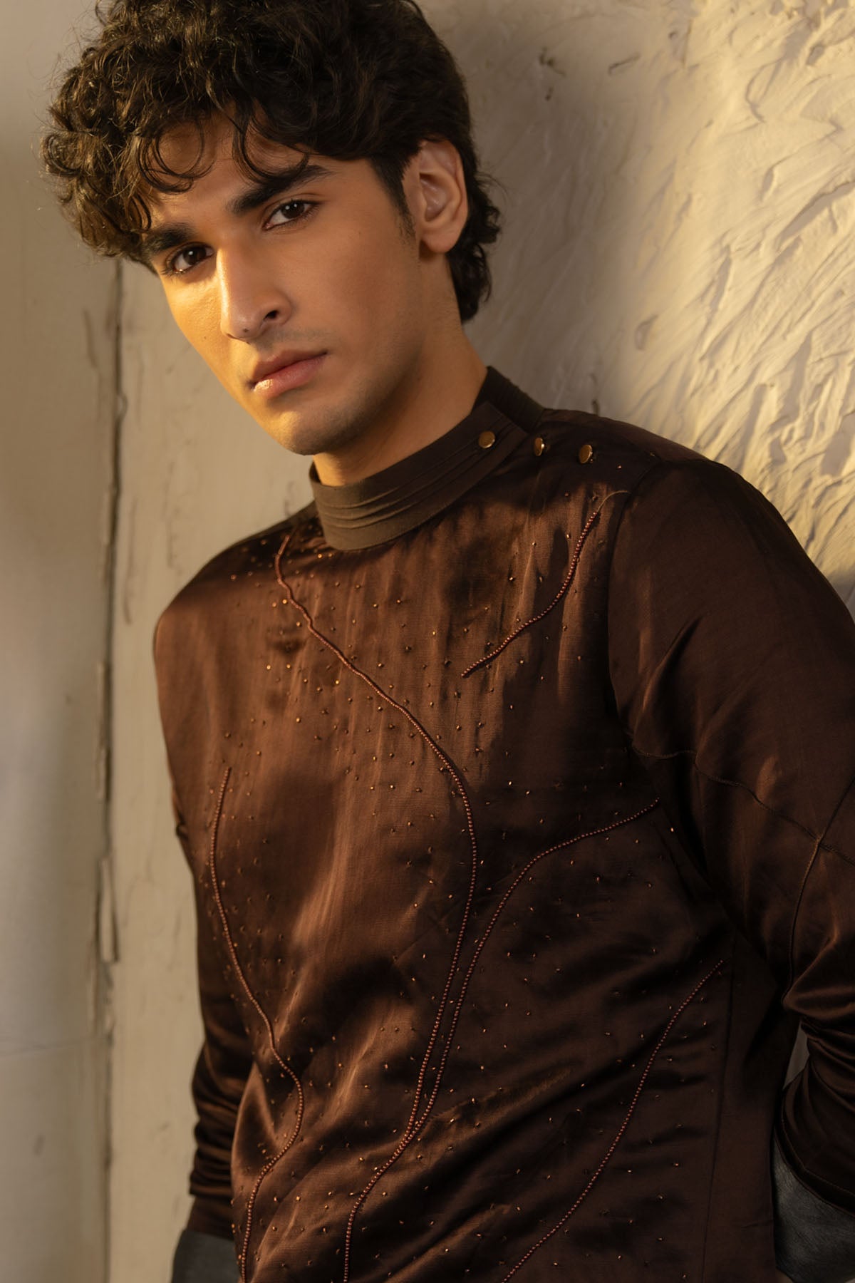 Dark Brown Linen Silk Embroidered Kurta Set