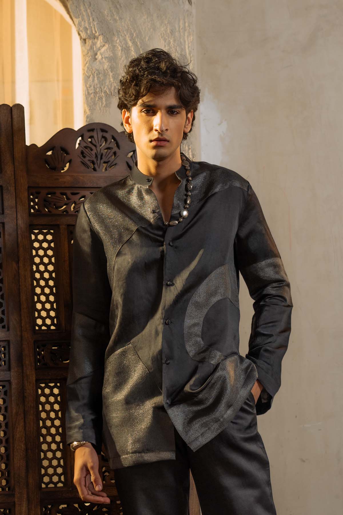 Charcoal Gray Kurta With Metallic Patchwork And Straight Trousers.