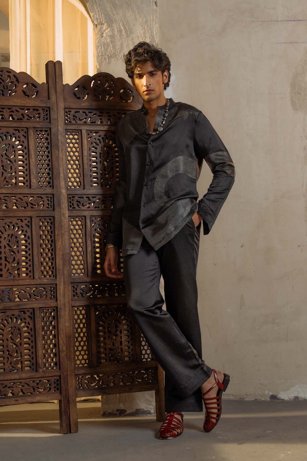 Charcoal Grey Metallic Work Short Jacket Set