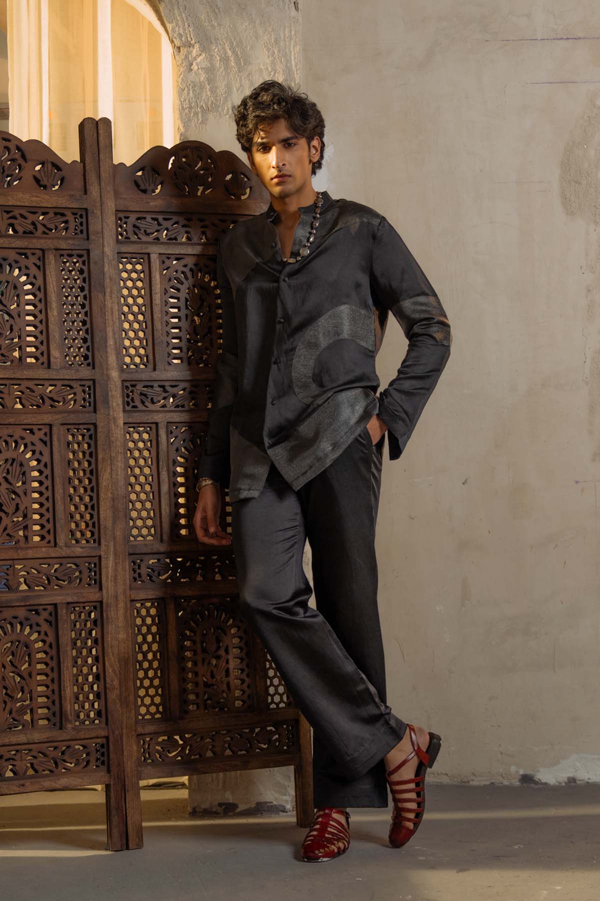 Charcoal Gray Kurta With Metallic Patchwork And Straight Trousers.