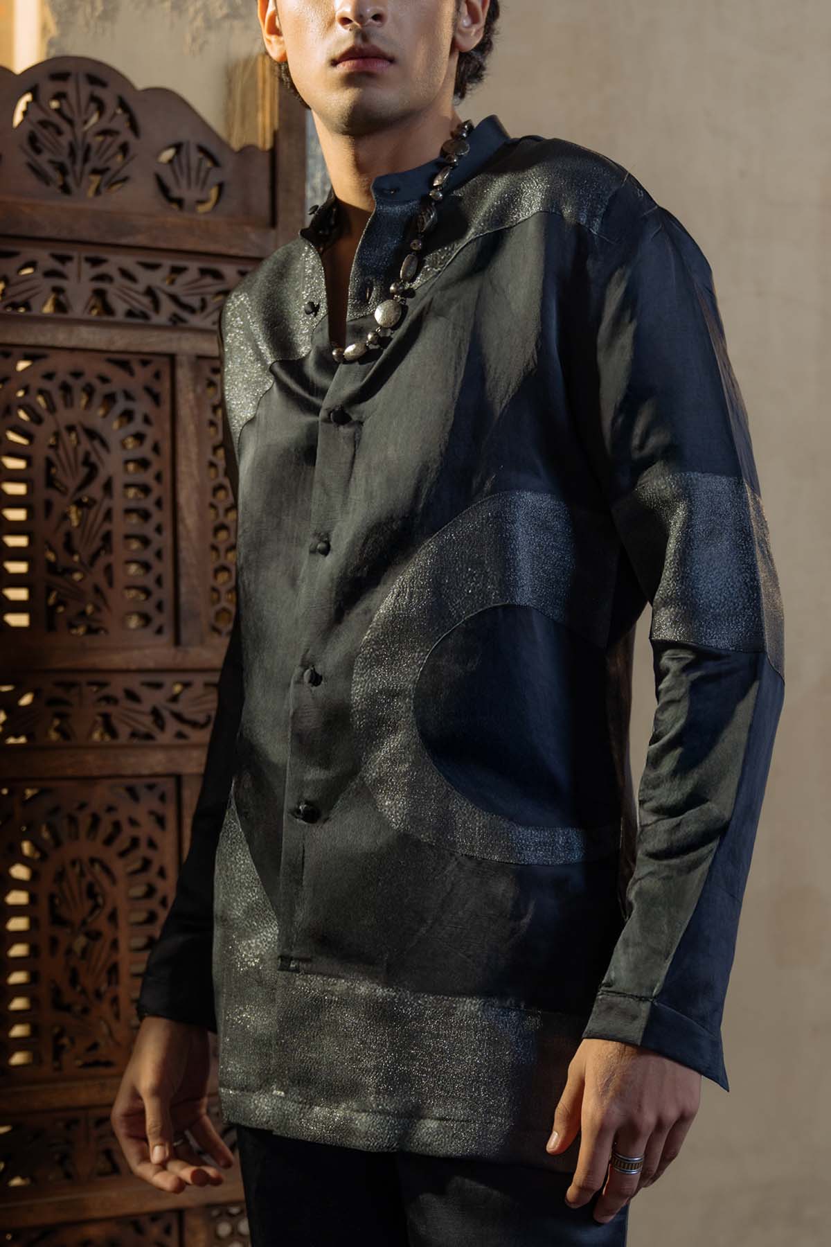 Charcoal Gray Kurta With Metallic Patchwork And Straight Trousers.