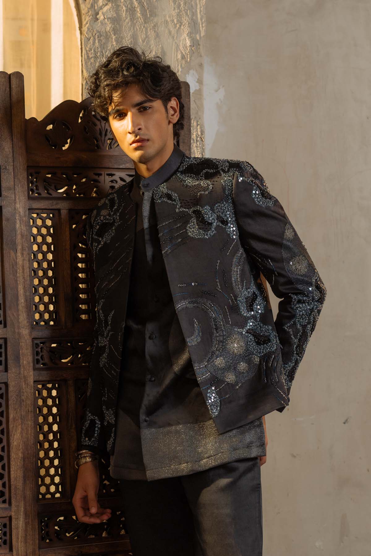 Charcoal Grey Metallic Work Short Jacket Set