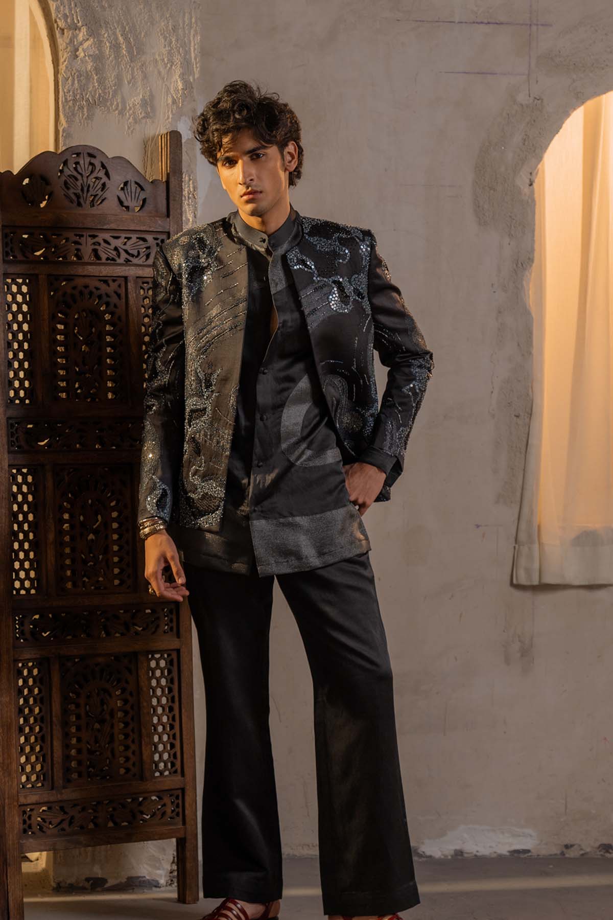 Charcoal Grey Metallic Work Short Jacket Set