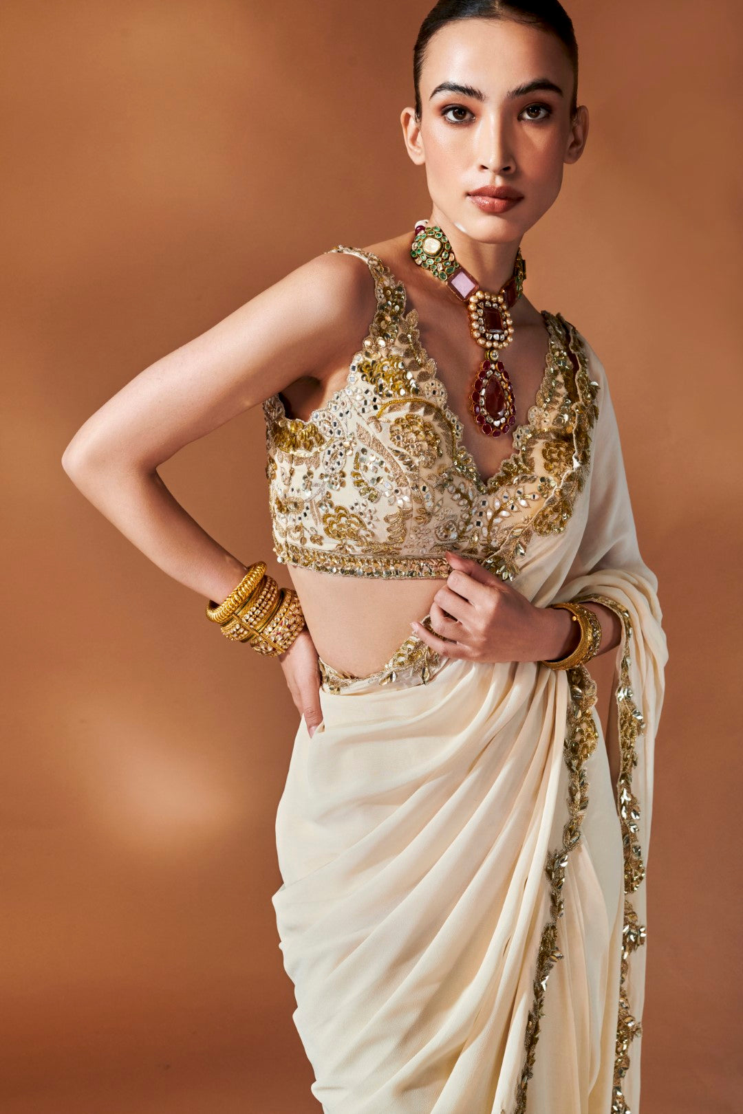 Ivory And Gold Saree Set