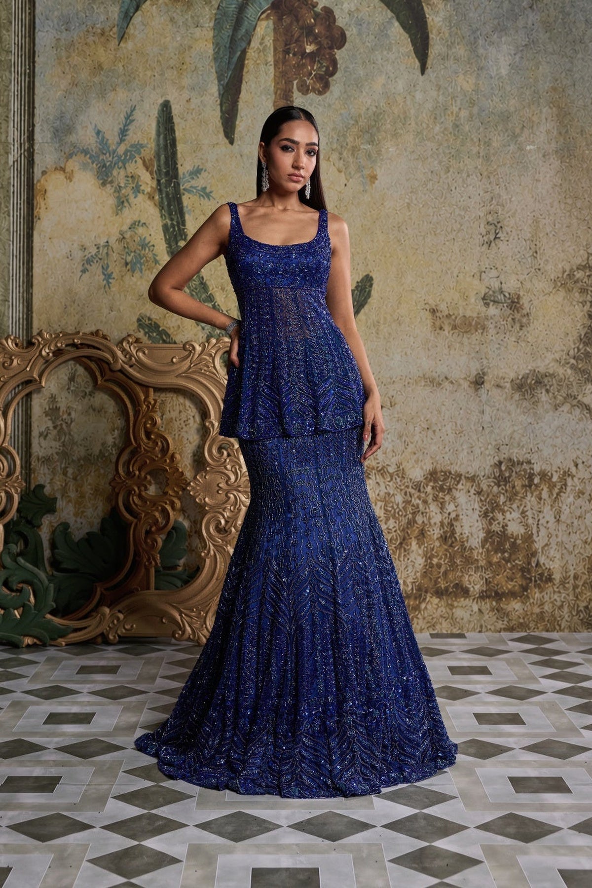 Teal Blue Embellished Mermaid Skirt Set