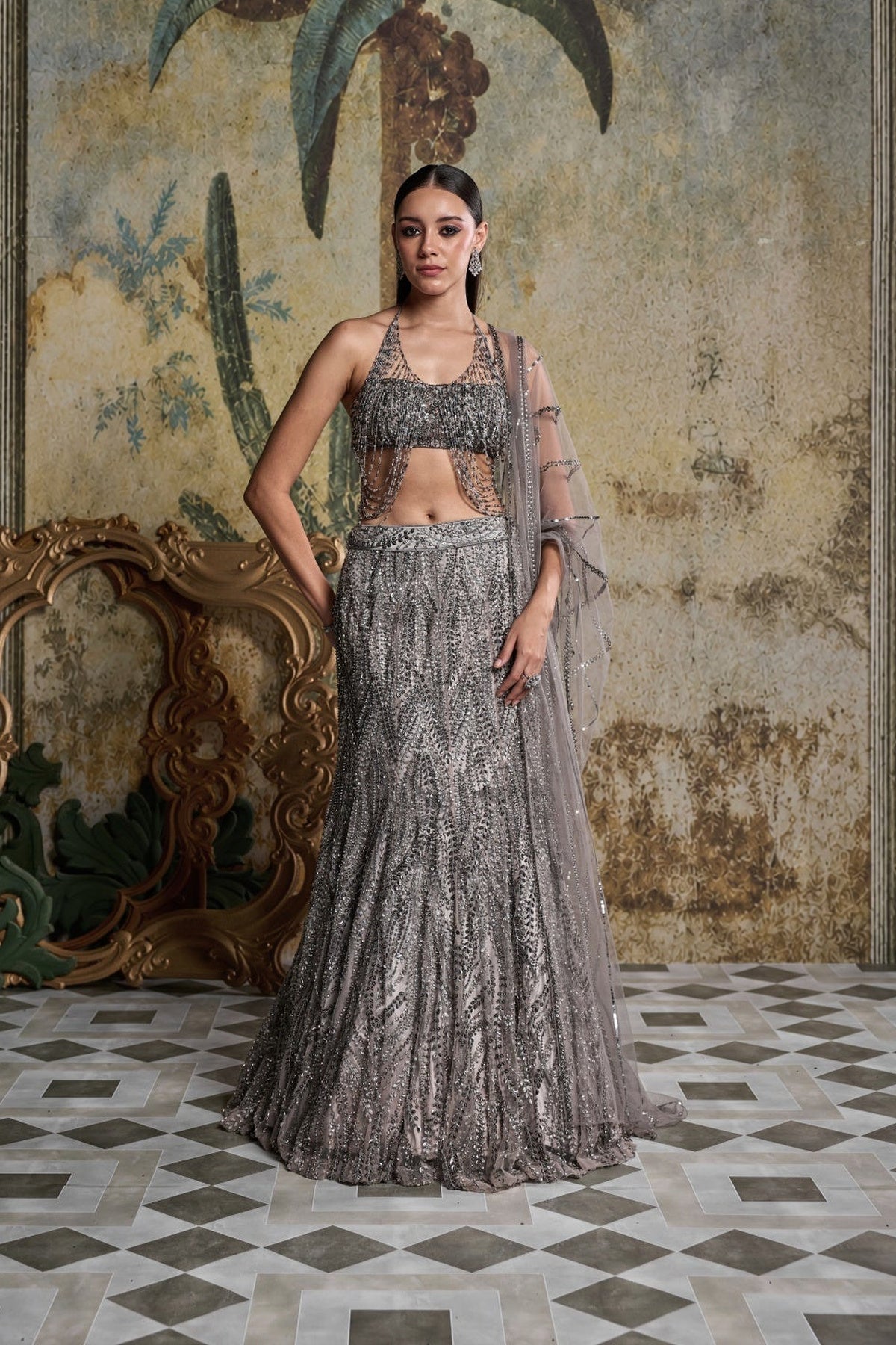Grey Gunmetal Embellished Mermaid Skirt Set