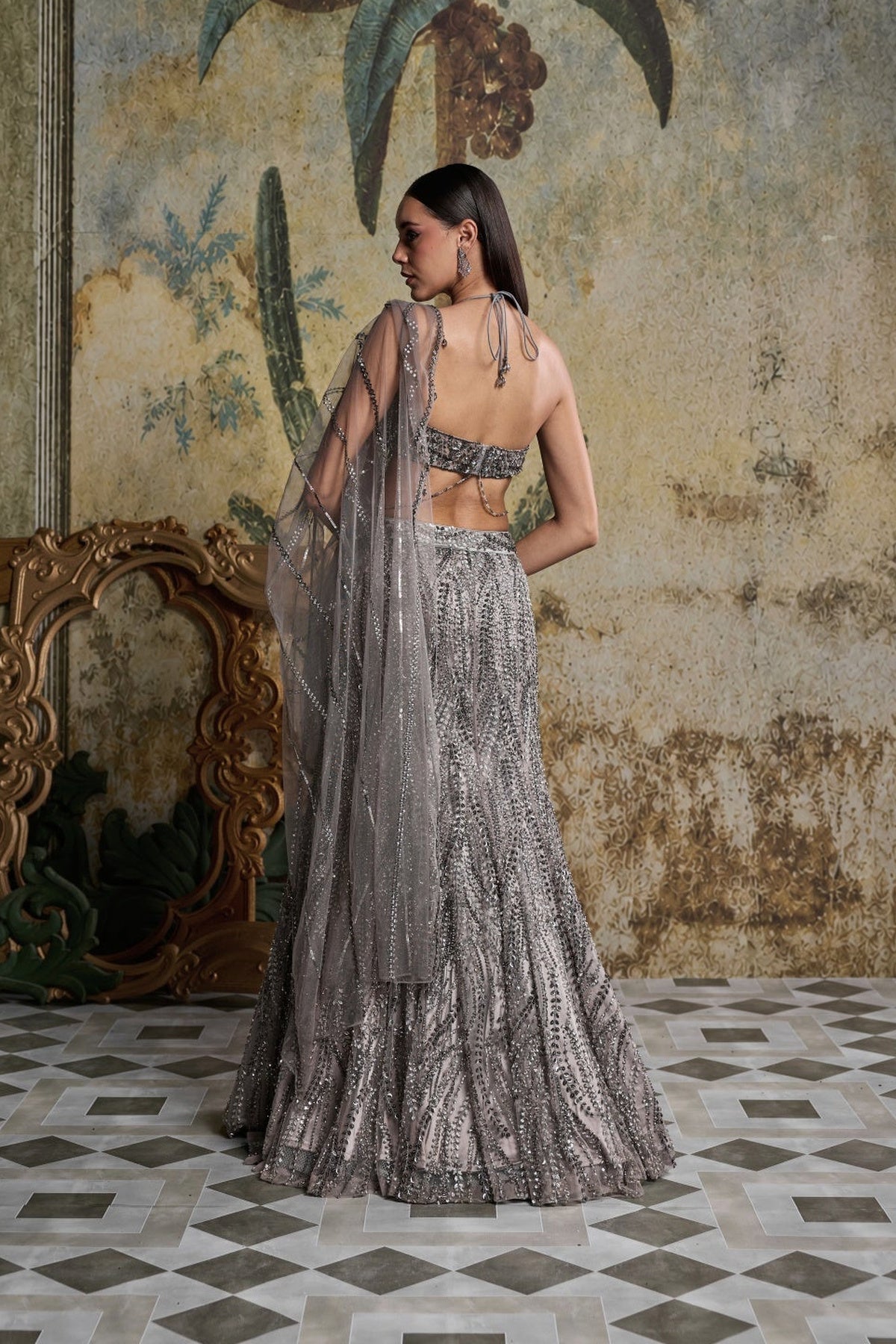 Grey Gunmetal Embellished Mermaid Skirt Set