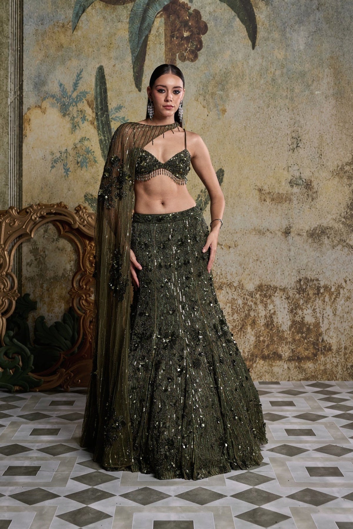 Earthy Green Embellished Cape Mermaid Set
