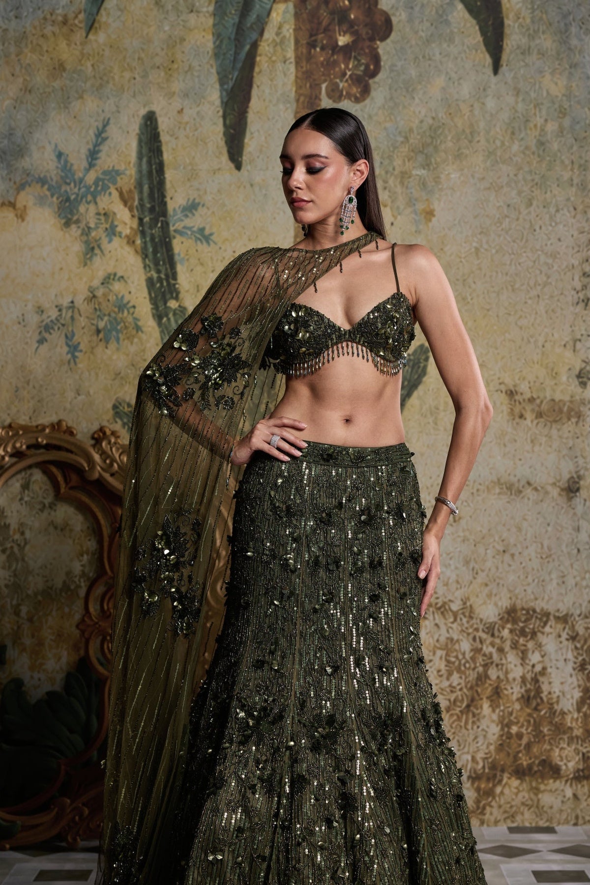 Earthy Green Embellished Cape Mermaid Set