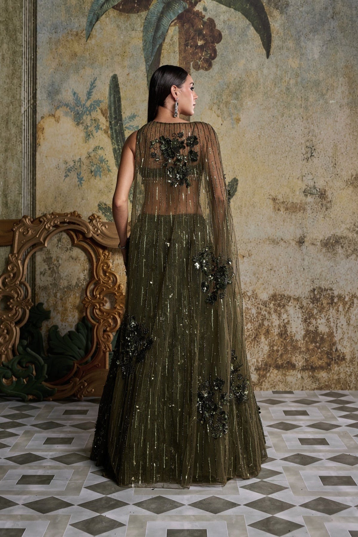 Earthy Green Embellished Cape Mermaid Set