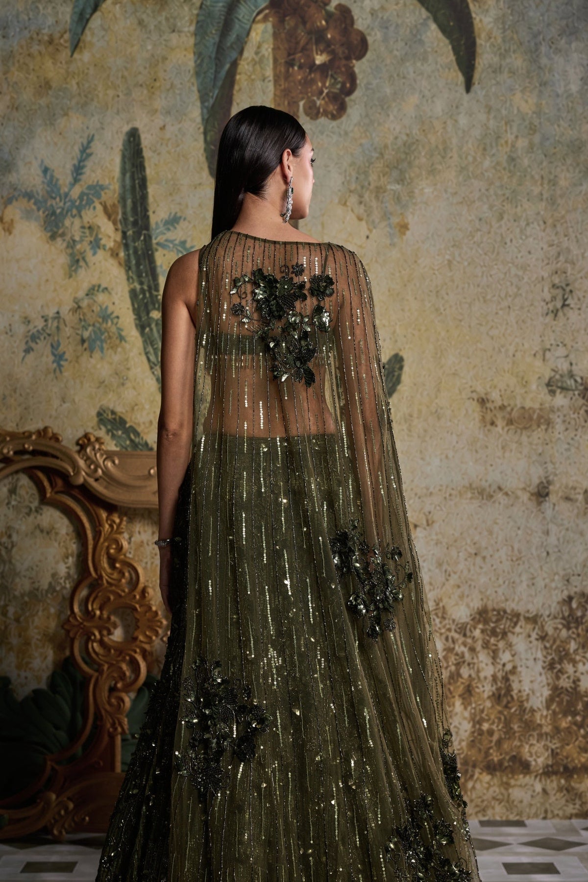 Earthy Green Embellished Cape Mermaid Set
