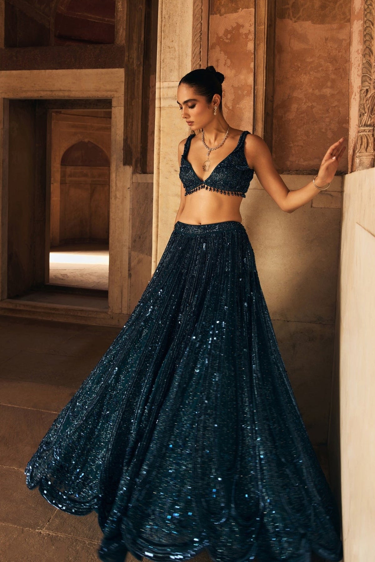 Teal Blue Embellished Lehenga Set
