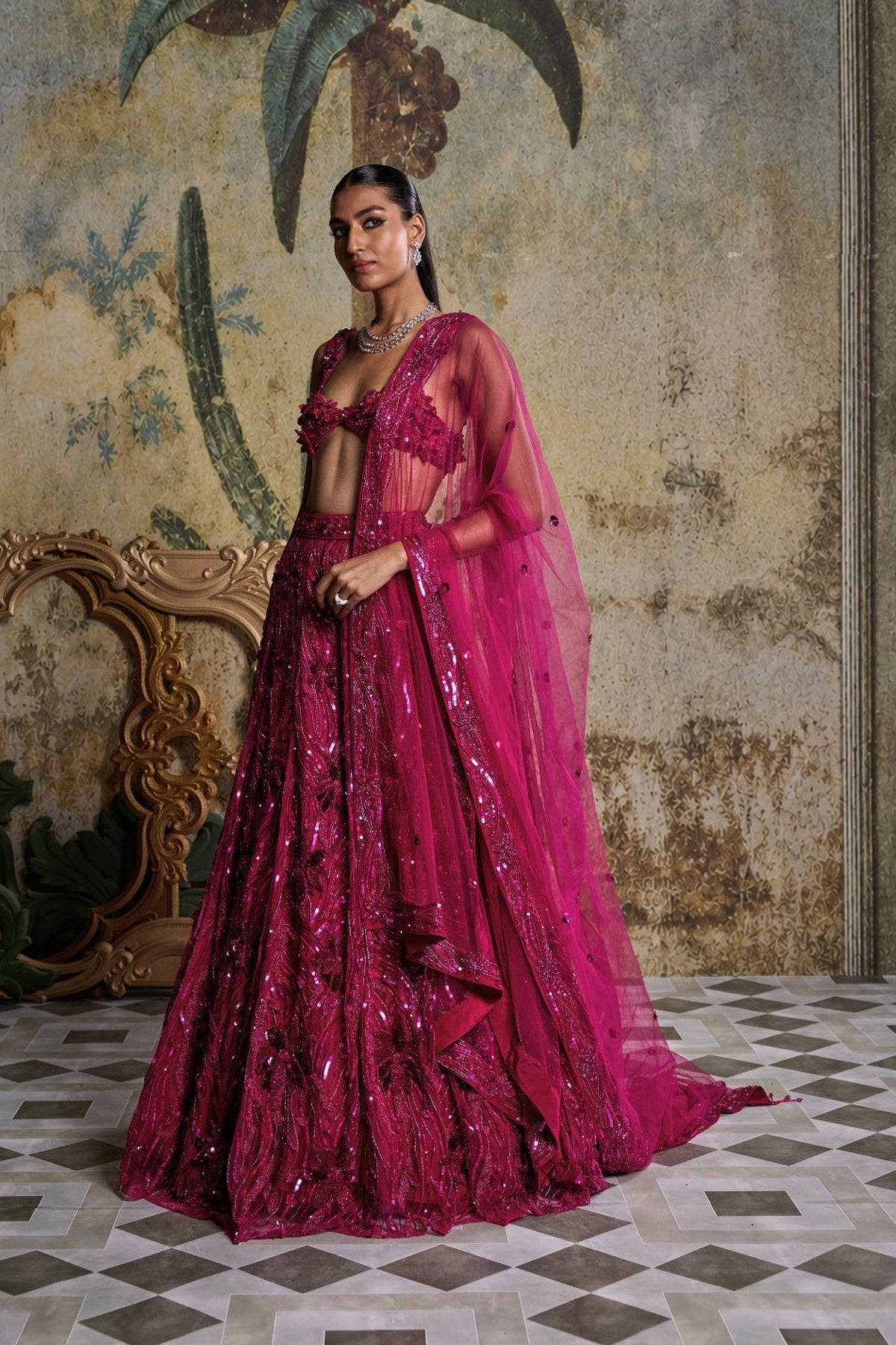 Fuschia Pink 3-D Embellished Lehenga Set
