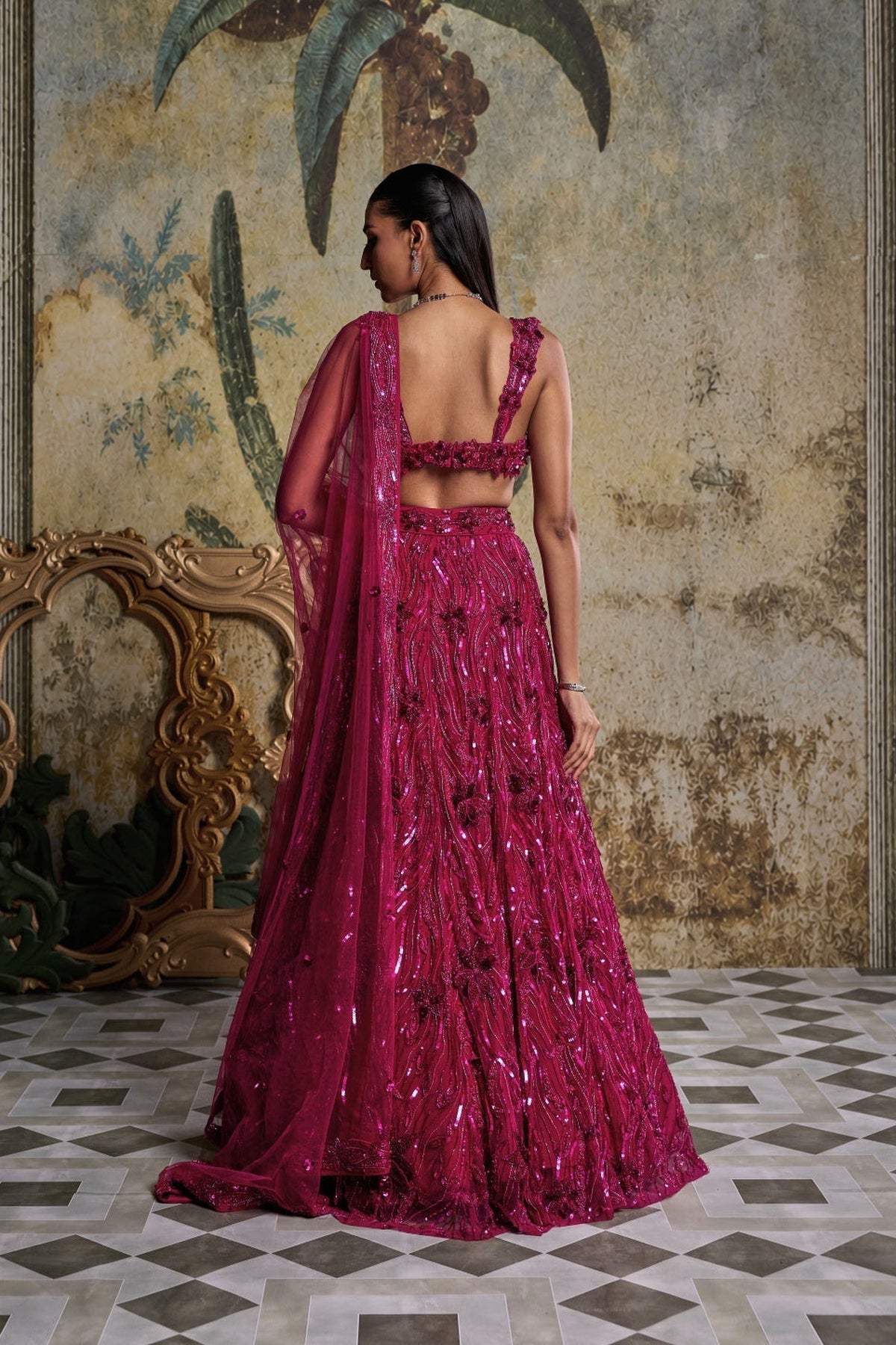 Fuschia Pink 3-D Embellished Lehenga Set