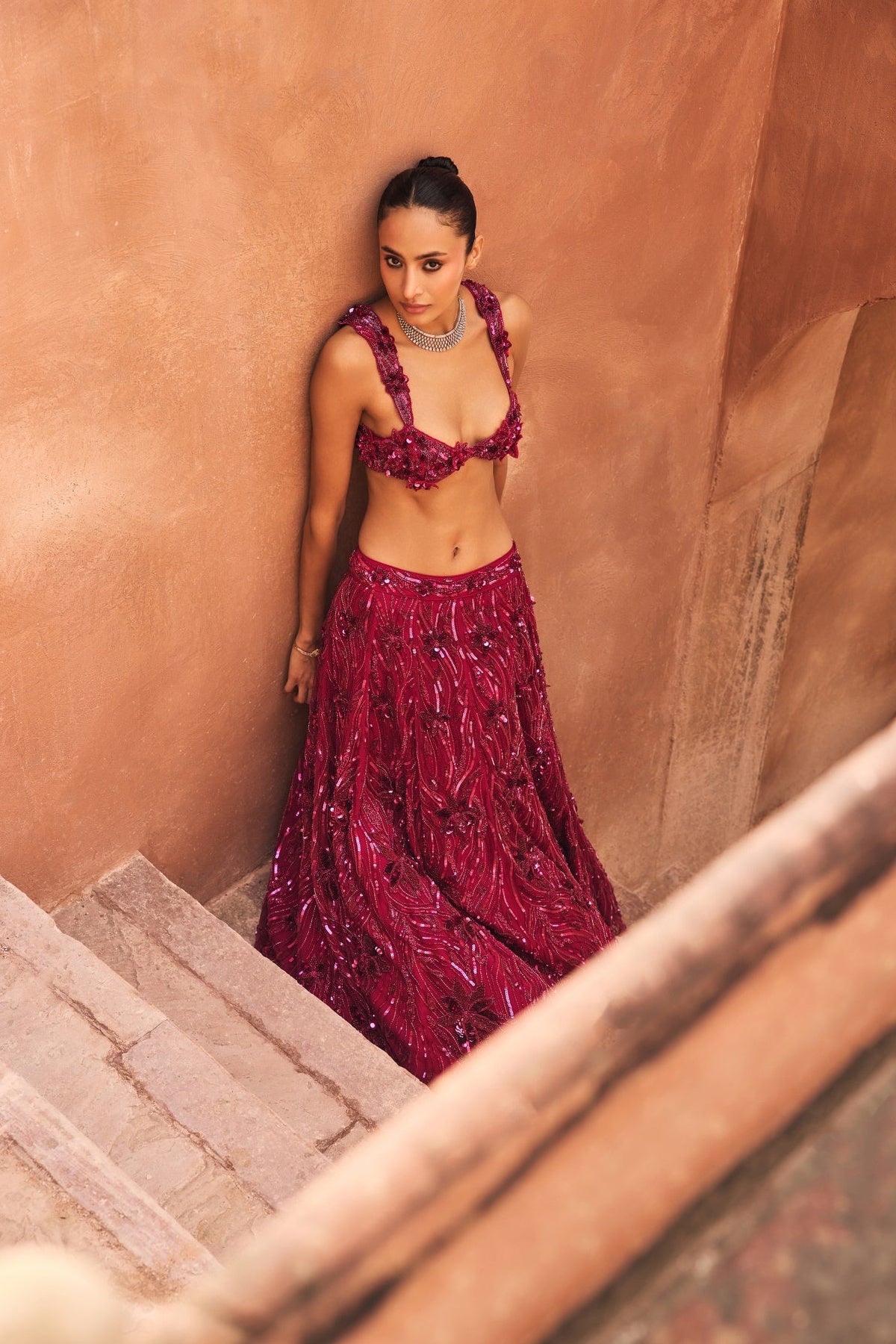 Fuschia Pink 3-D Embellished Lehenga Set