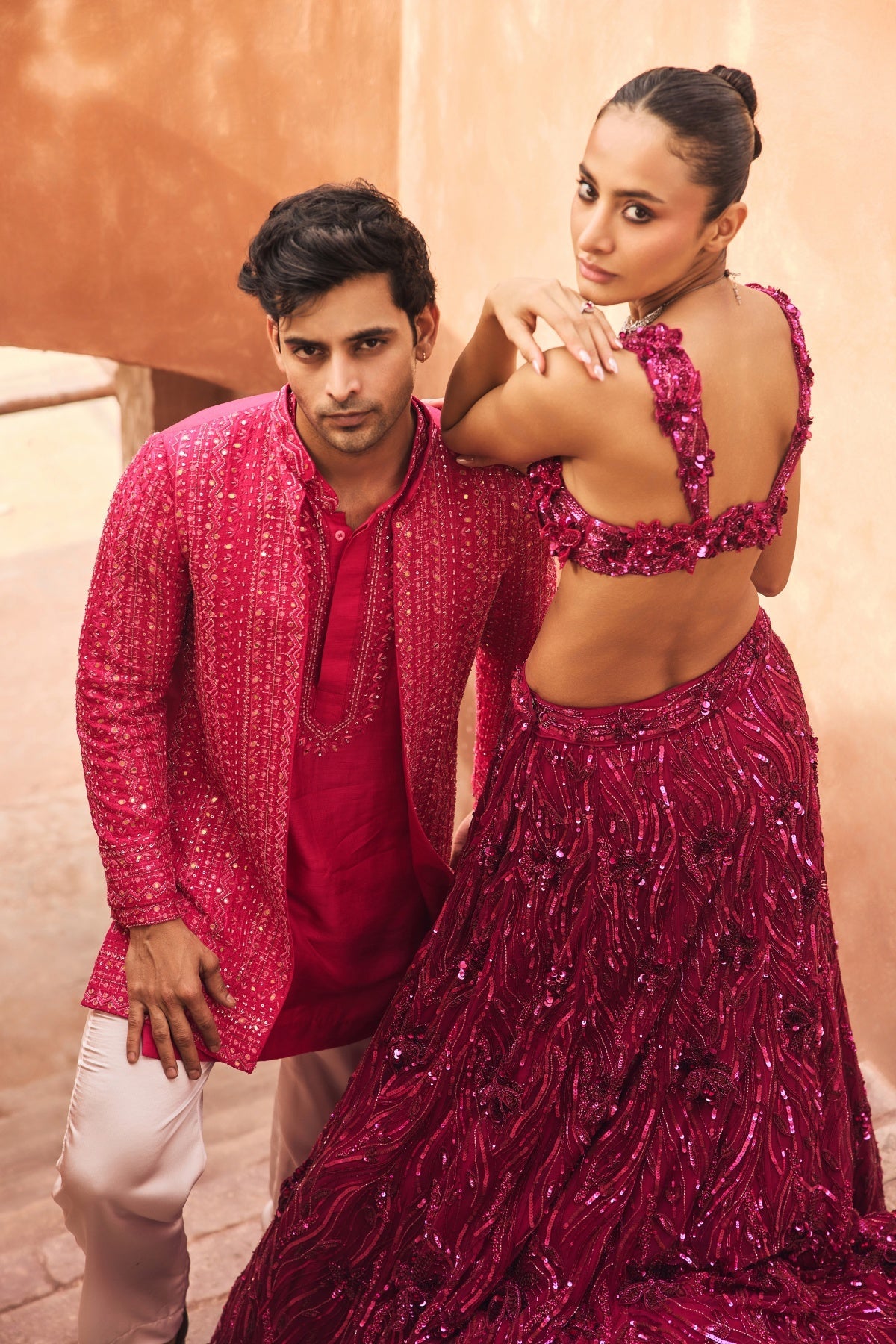 Fuschia Pink 3-D Embellished Lehenga Set