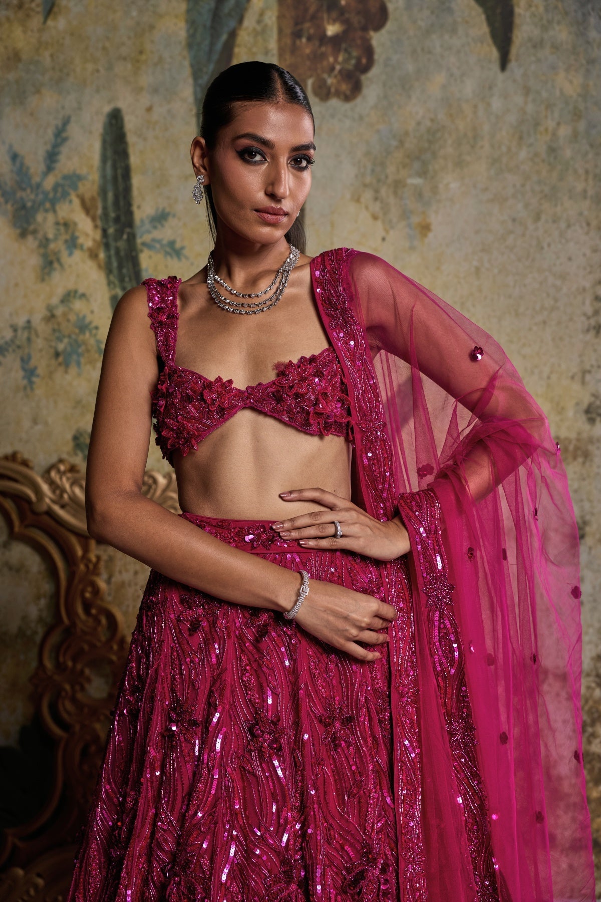 Fuschia Pink 3-D Embellished Lehenga Set