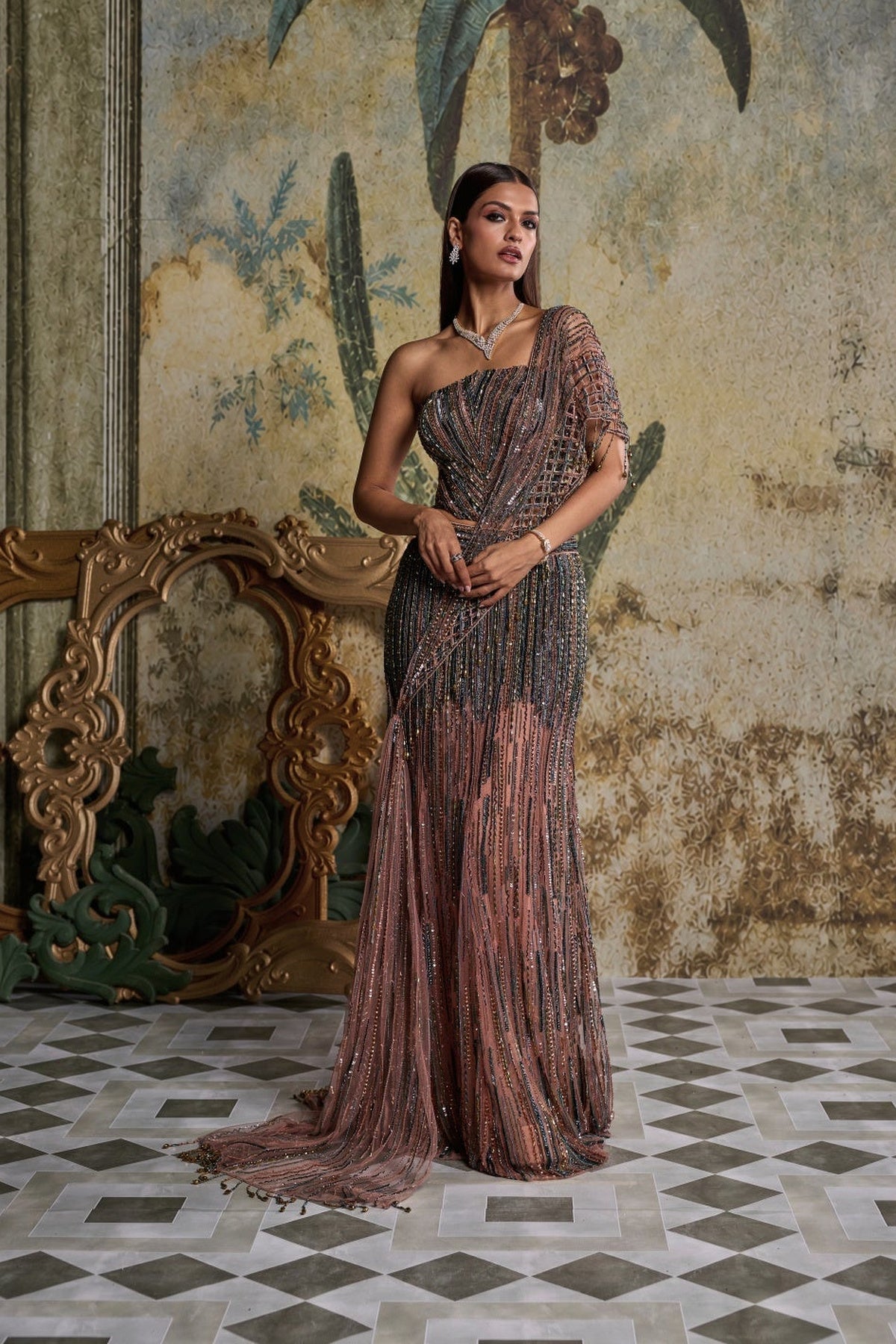 Onion Pink Cut Work  Drape Embellished Saree Set