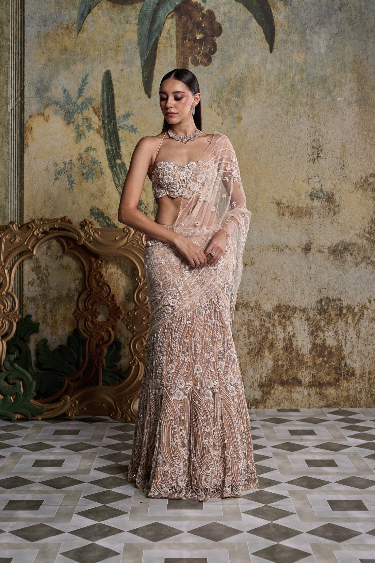 Beige & Ivory  3-D Floral Embellished Saree Set