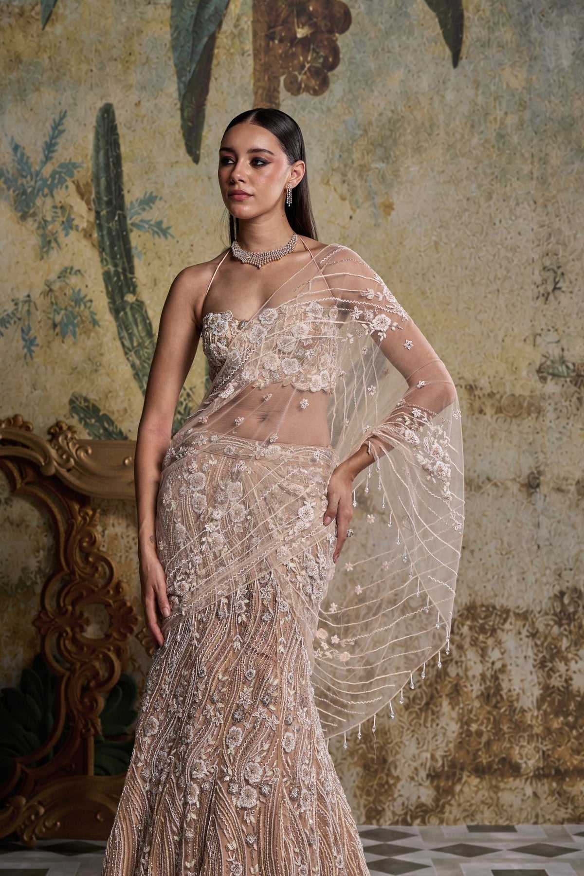 Beige & Ivory  3-D Floral Embellished Saree Set
