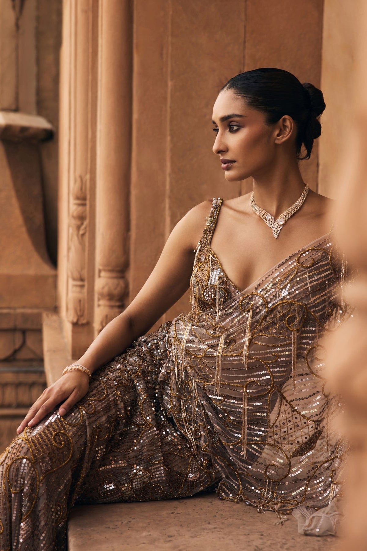 Grey Swirll Embellished & Tassseled  Saree Set