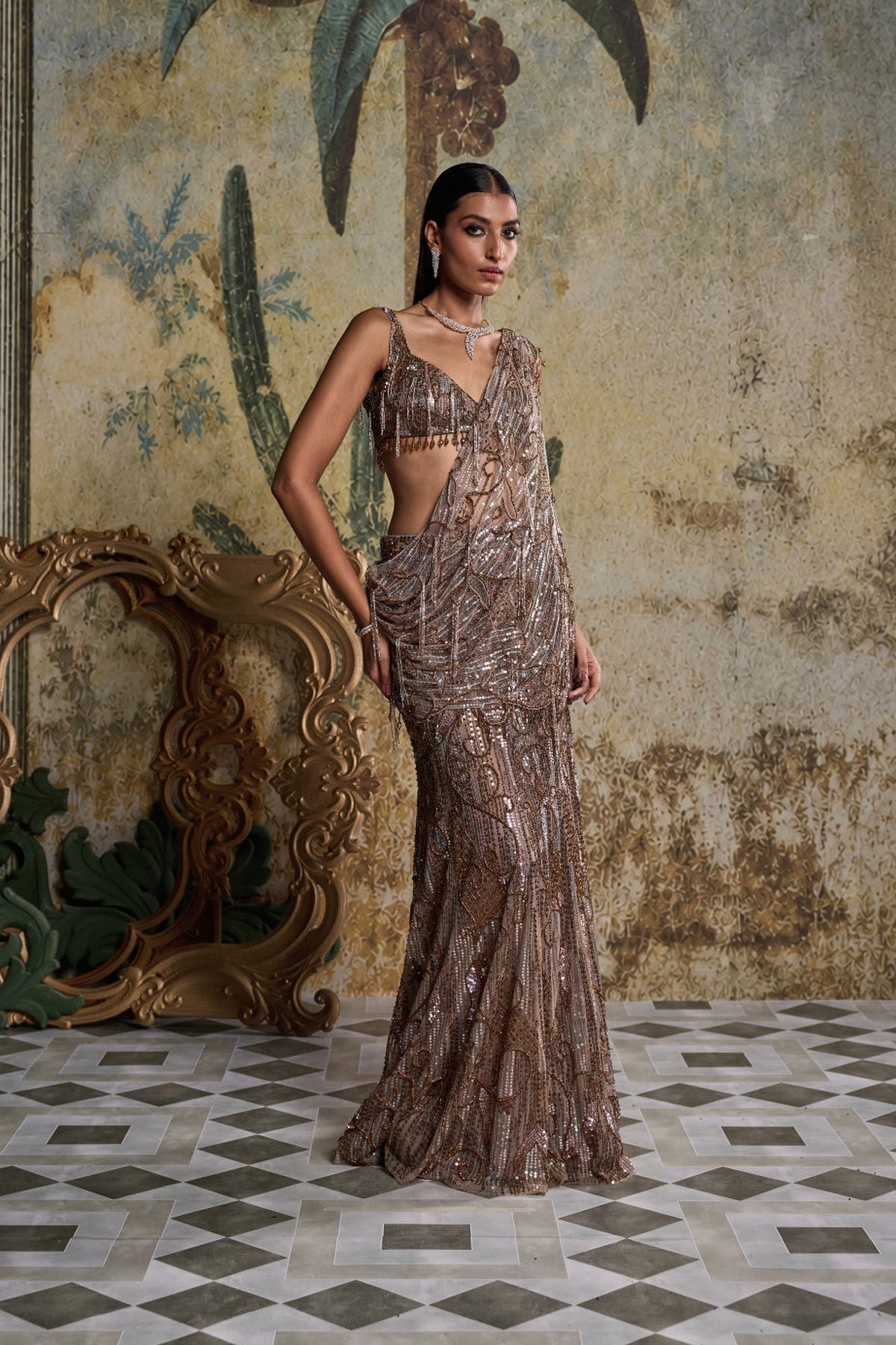 Grey Swirll Embellished & Tassseled  Saree Set
