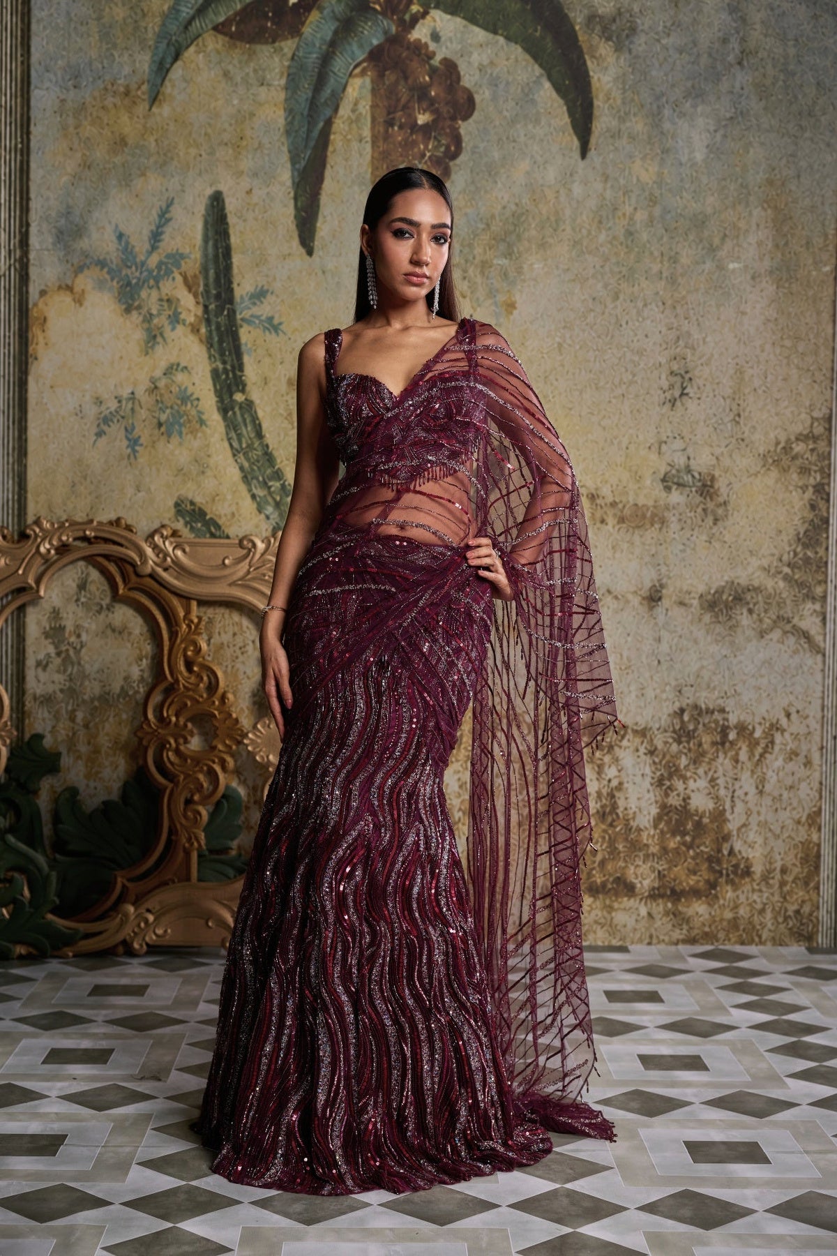 Plum Wave Embellished Saree Set