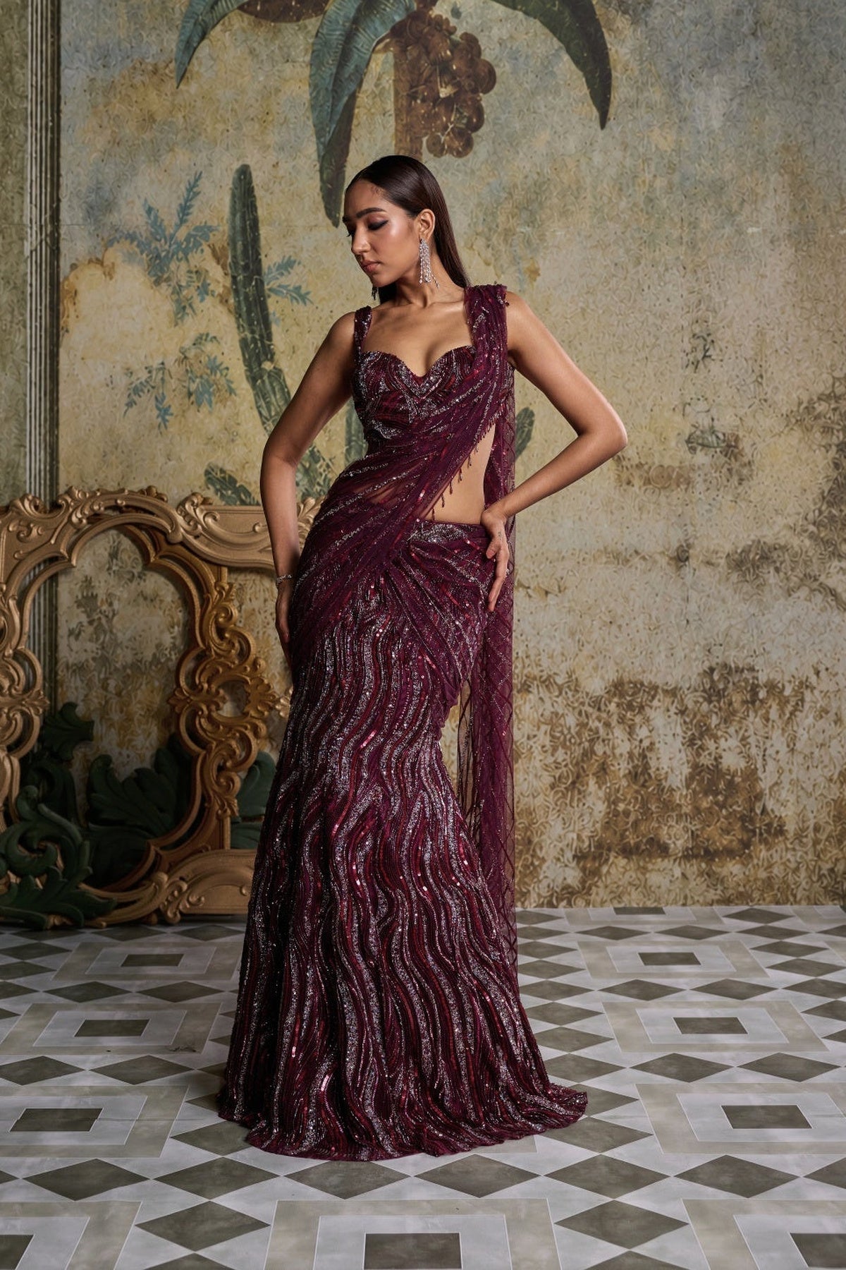 Plum Wave Embellished Saree Set