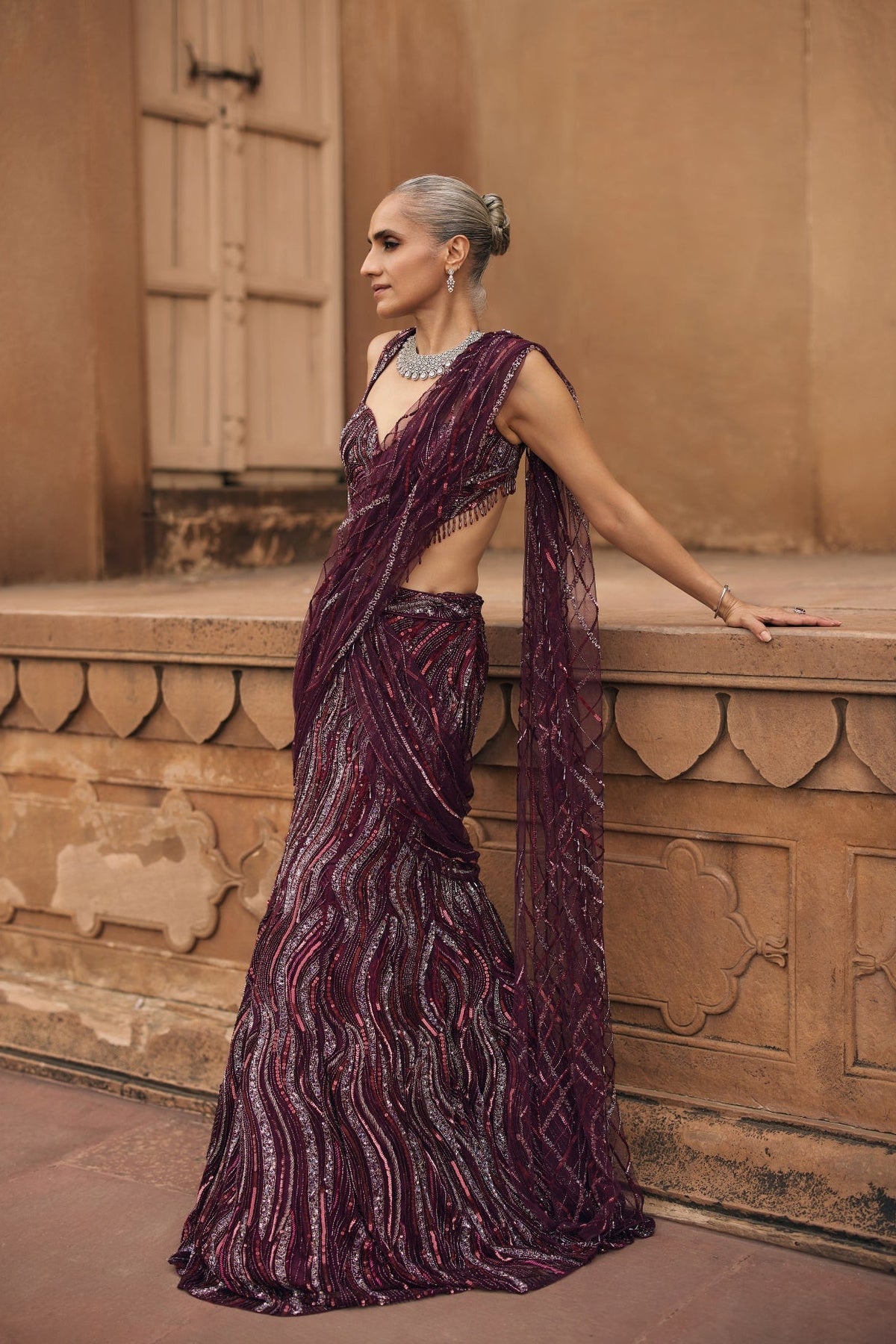 Plum Wave Embellished Saree Set