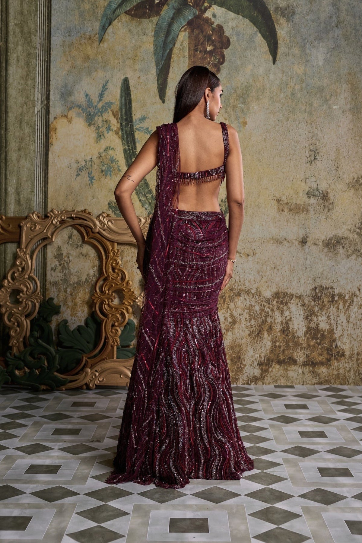 Plum Wave Embellished Saree Set