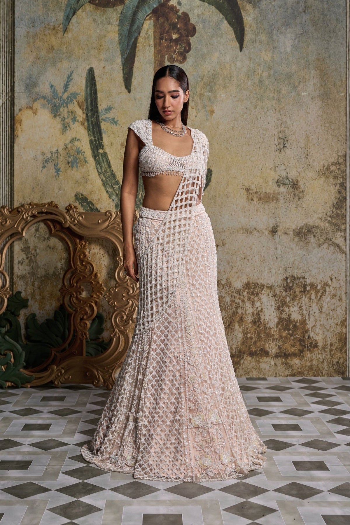 Ivory Cutwork Drape Embellished Saree Set