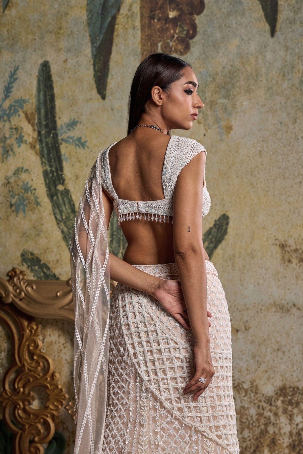 Ivory Cutwork Drape Embellished Saree Set
