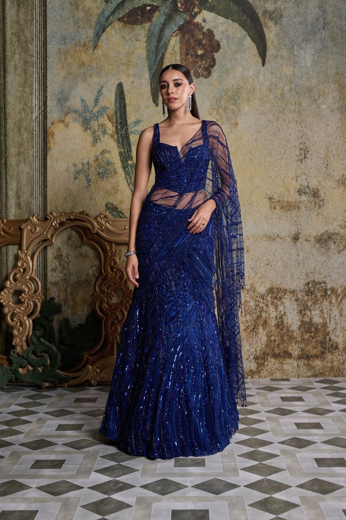 Electric Blue Embellished Saree Set