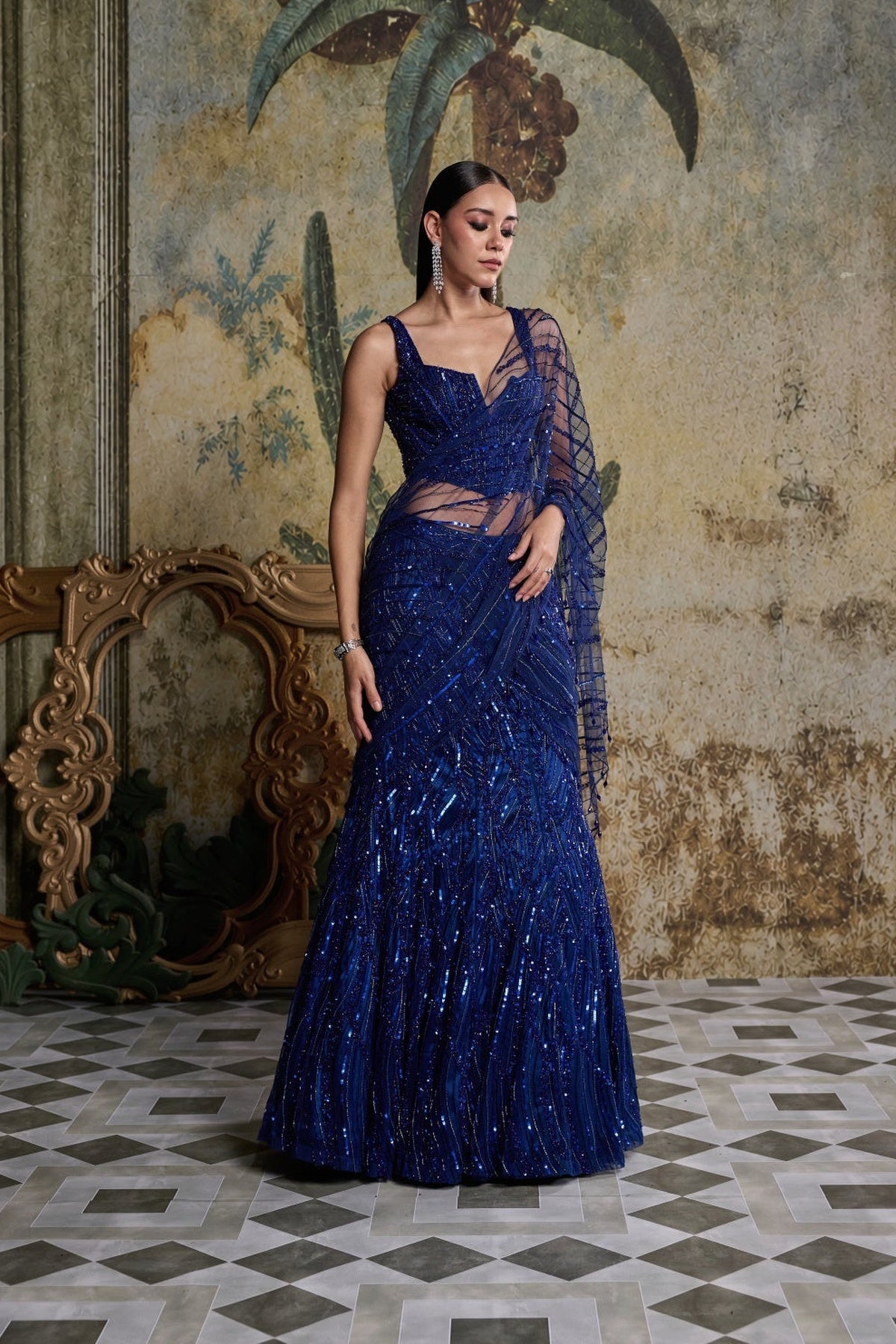 Electric Blue Embellished Saree Set