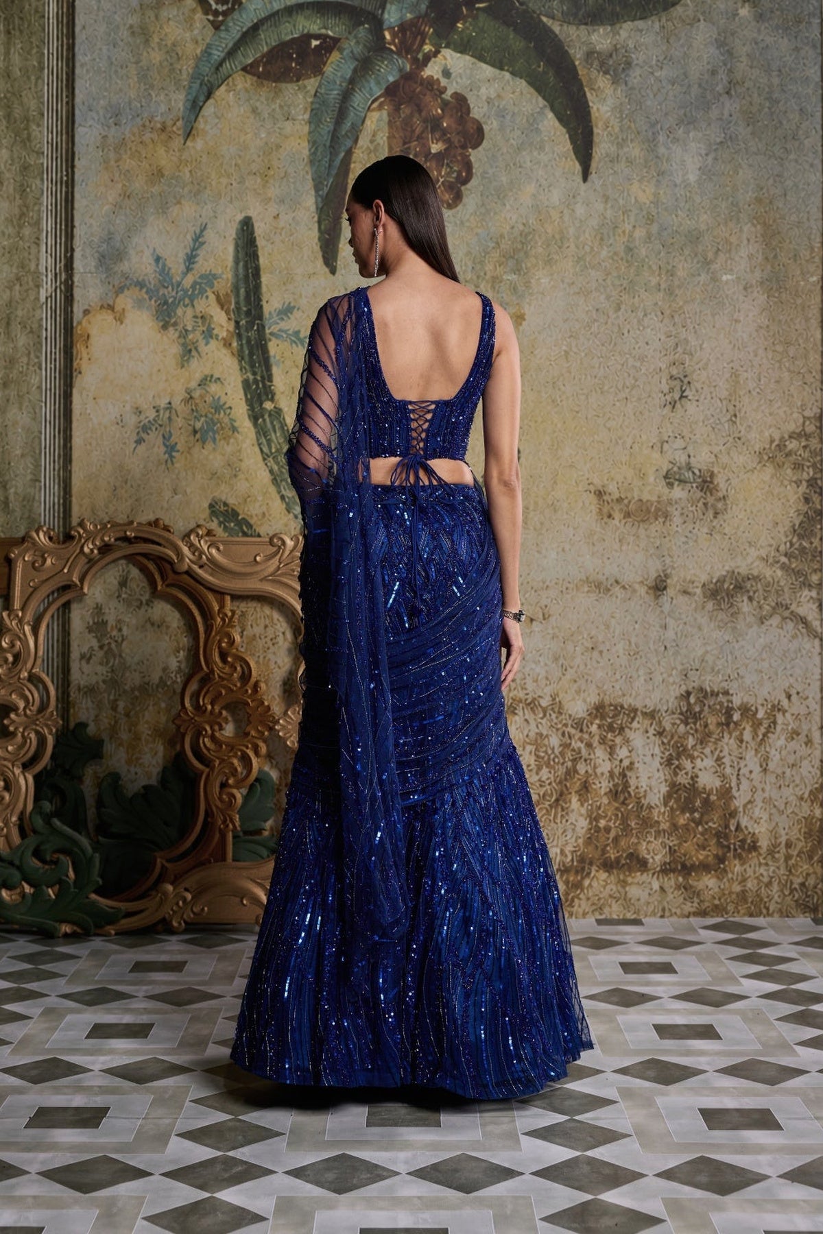 Electric Blue Embellished Saree Set