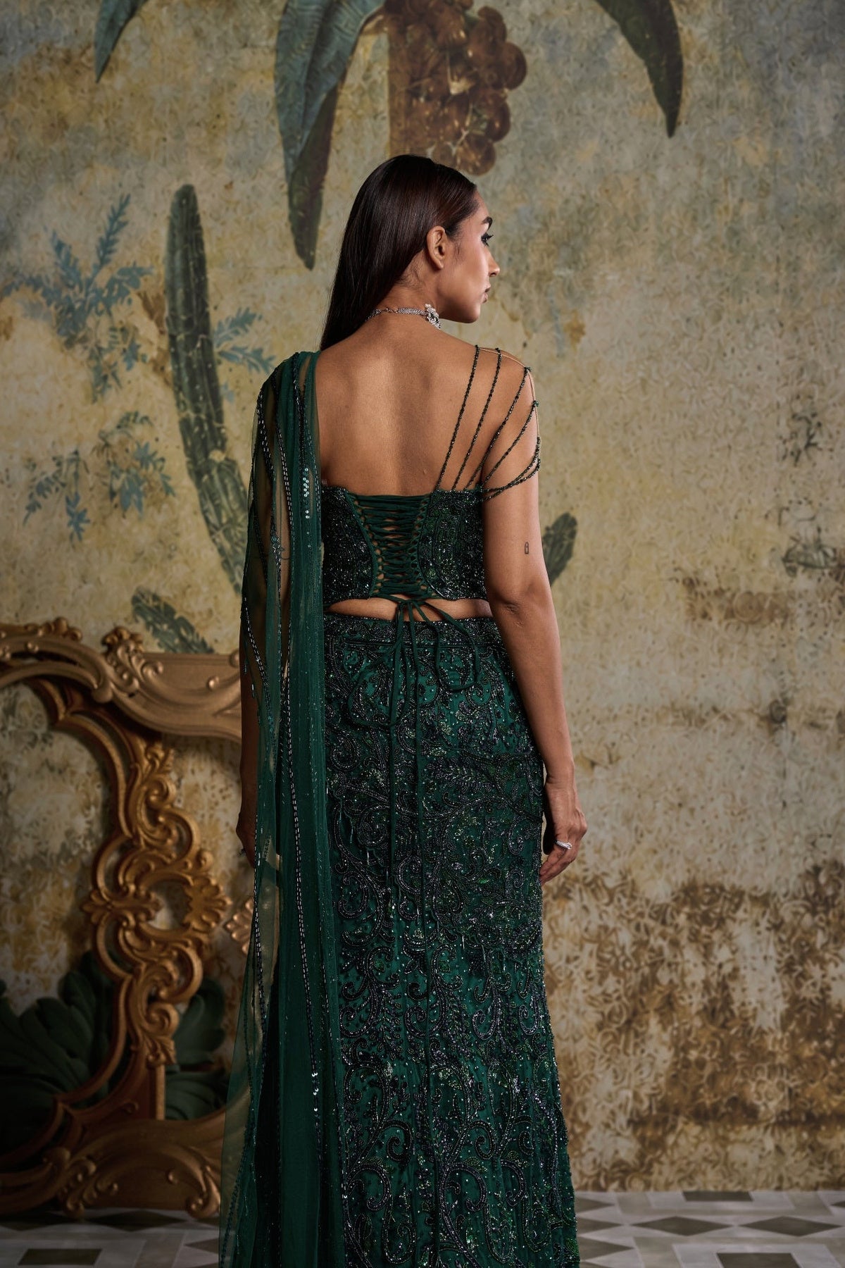 Bottle Green Embellished Corset Saree Set