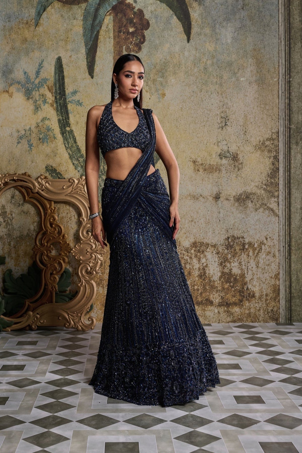Midnight Blue Embellished Saree Set