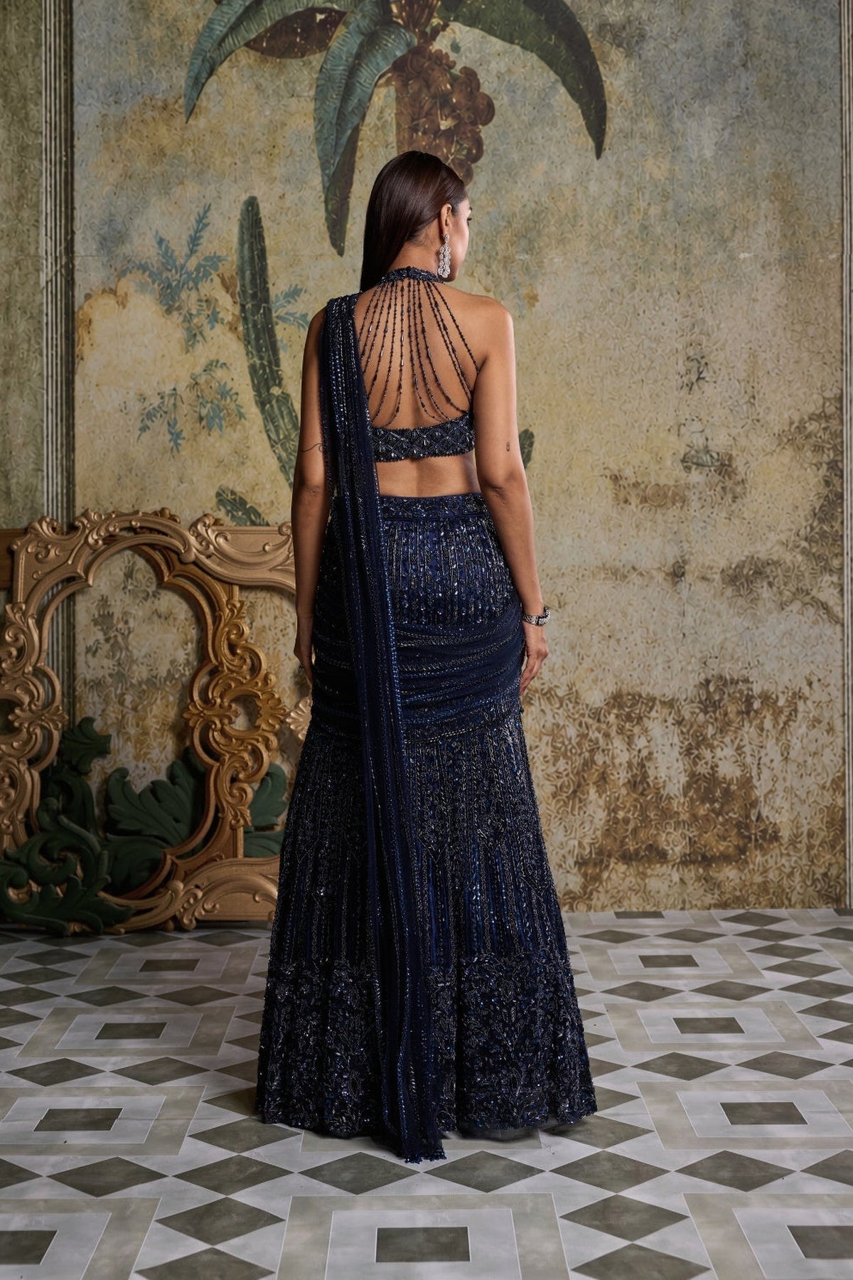 Midnight Blue Embellished Saree Set