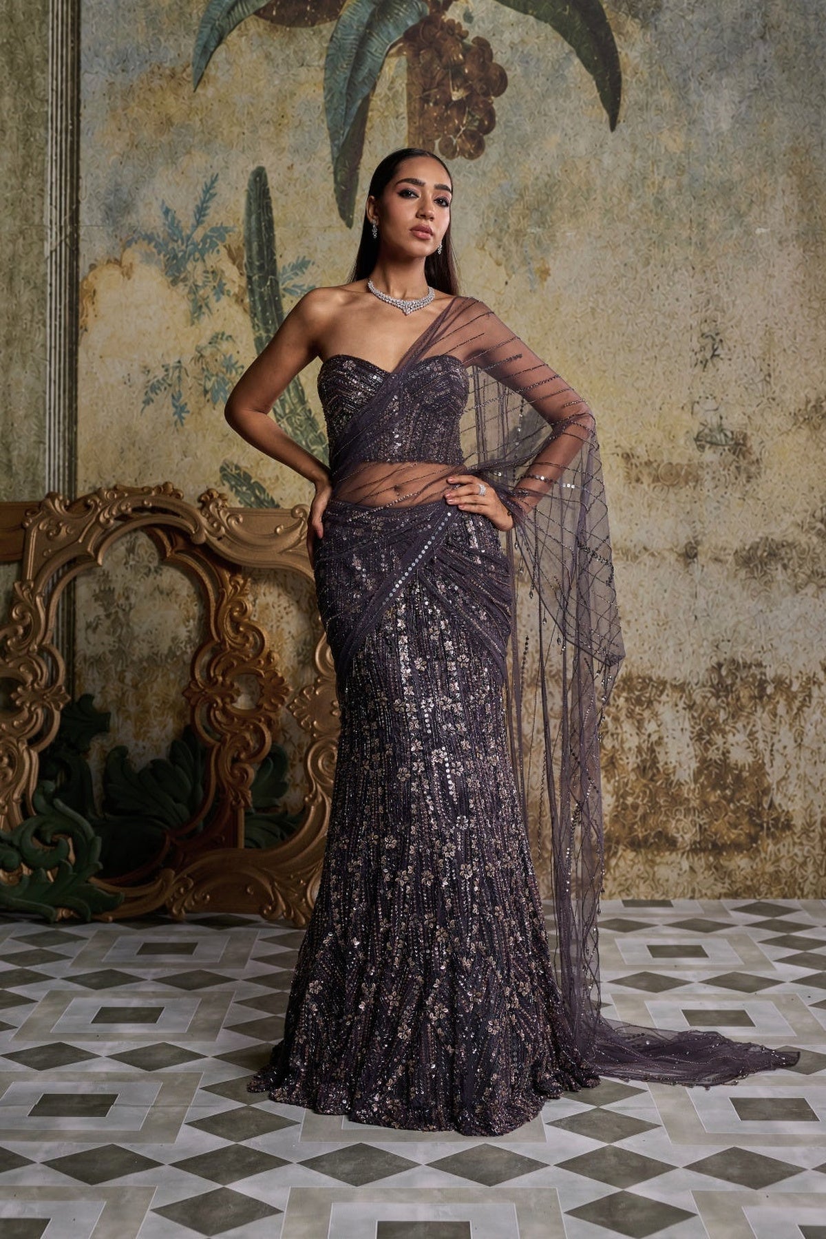 Charcol Grey Floral  Embellished Corset Saree Set