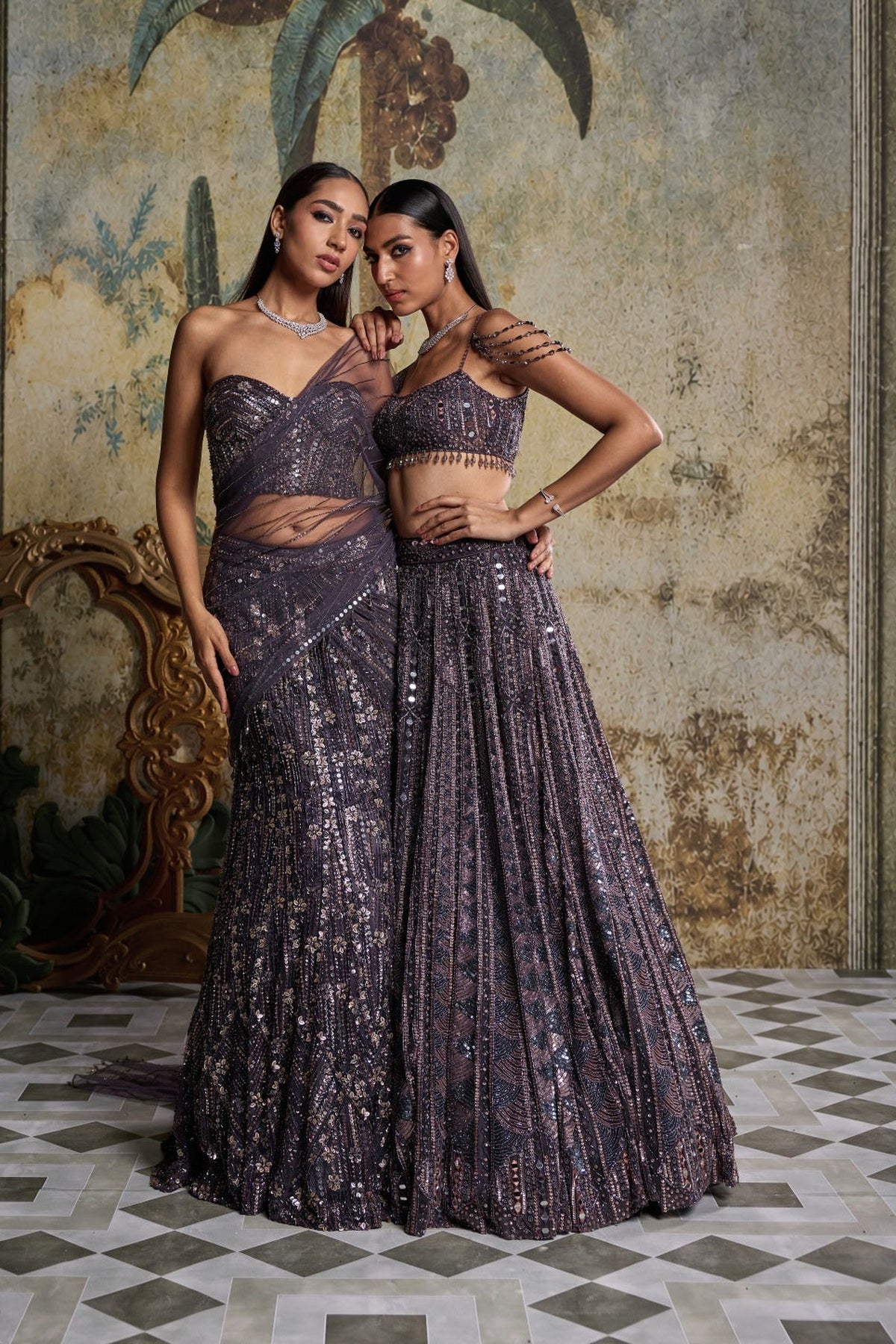 Charcol Grey Floral  Embellished Corset Saree Set