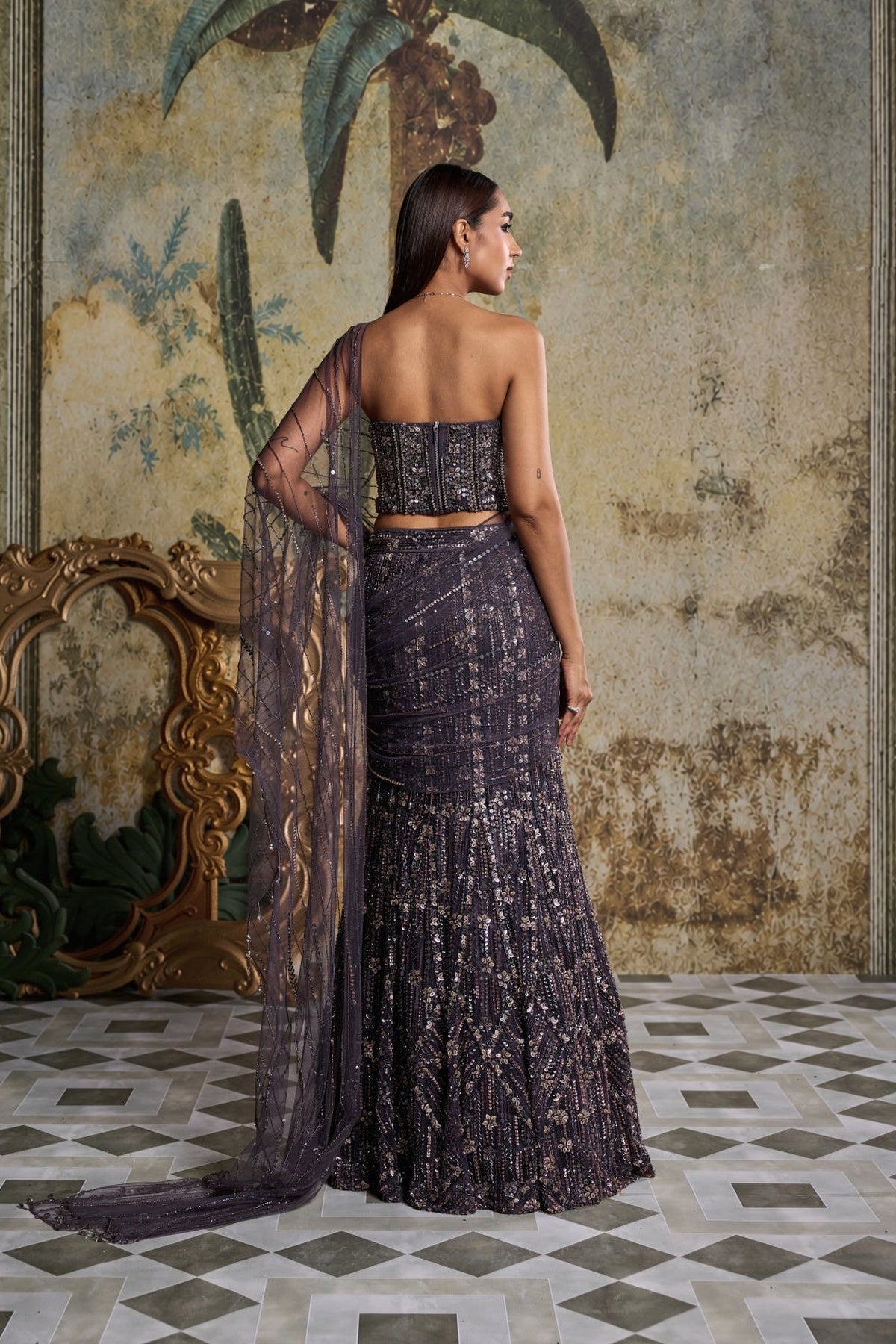 Charcol Grey Floral  Embellished Corset Saree Set