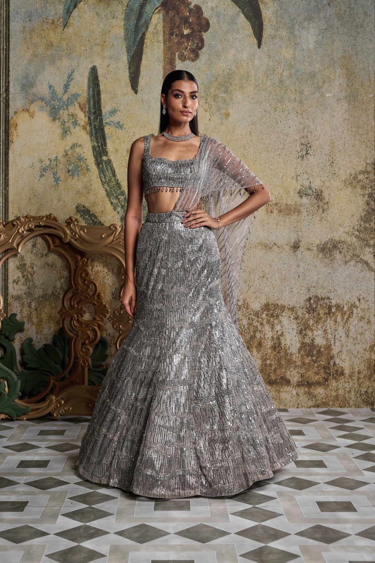 Silver Abstract Sequince  Embellished Saree Set