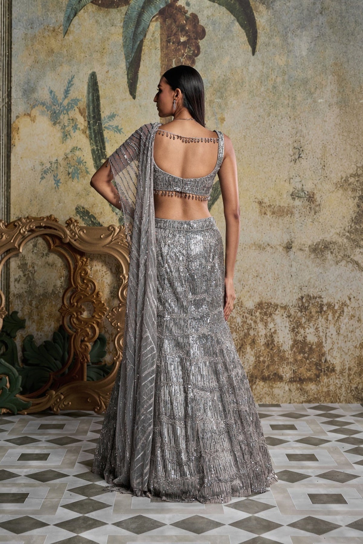 Silver Abstract Sequince  Embellished Saree Set