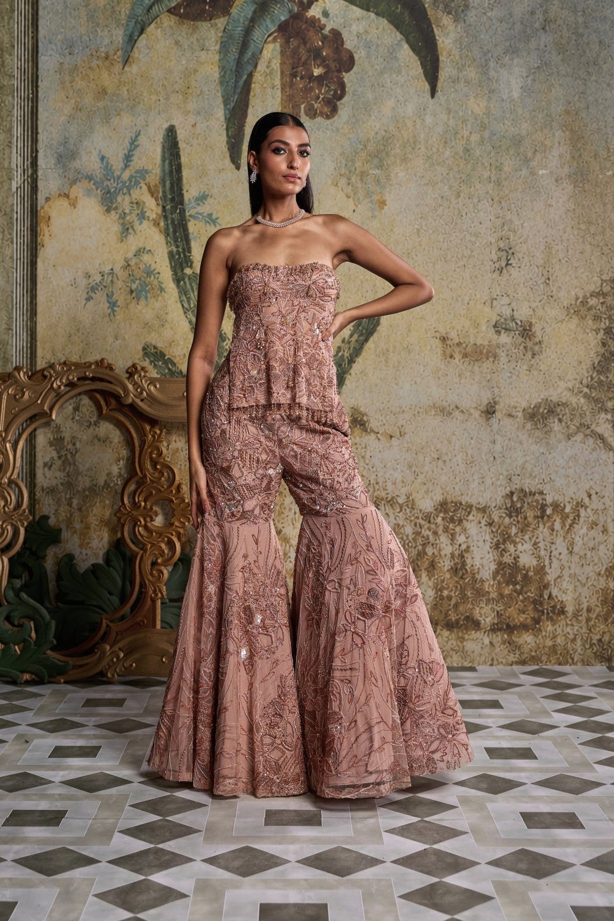 Rose Gold Abstract Floral Embellished Kurti Set