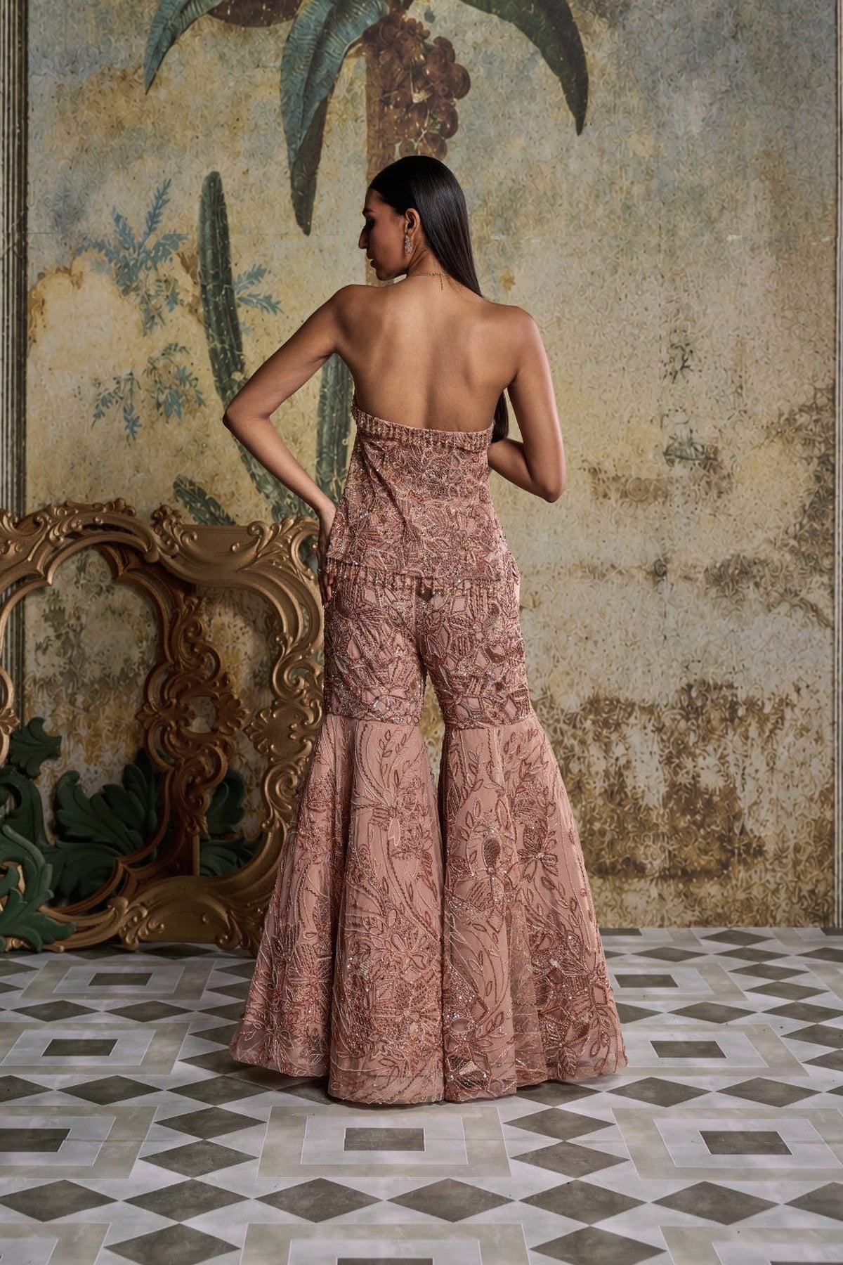 Rose Gold Abstract Floral Embellished Kurti Set
