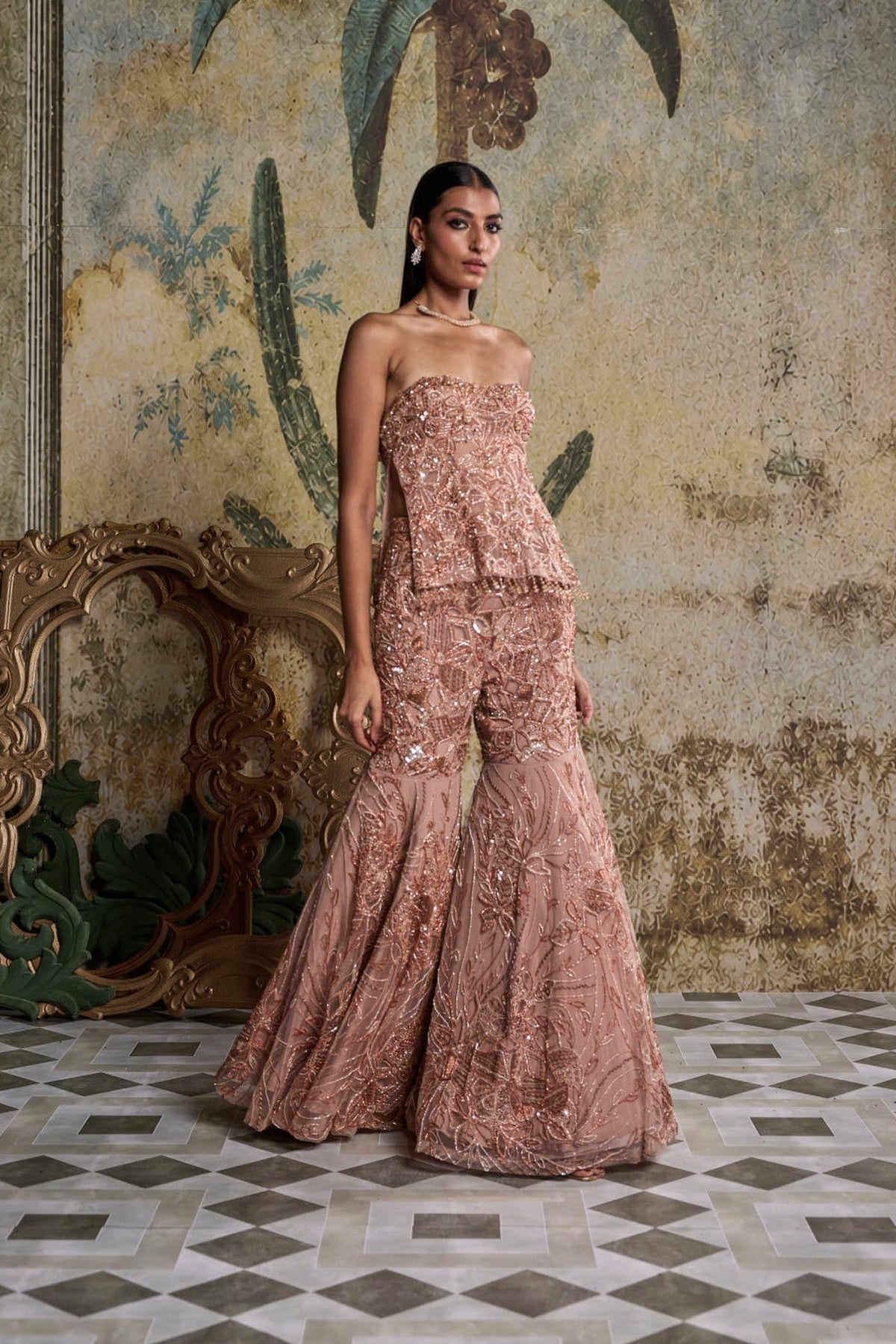 Rose Gold Abstract Floral Embellished Kurti Set