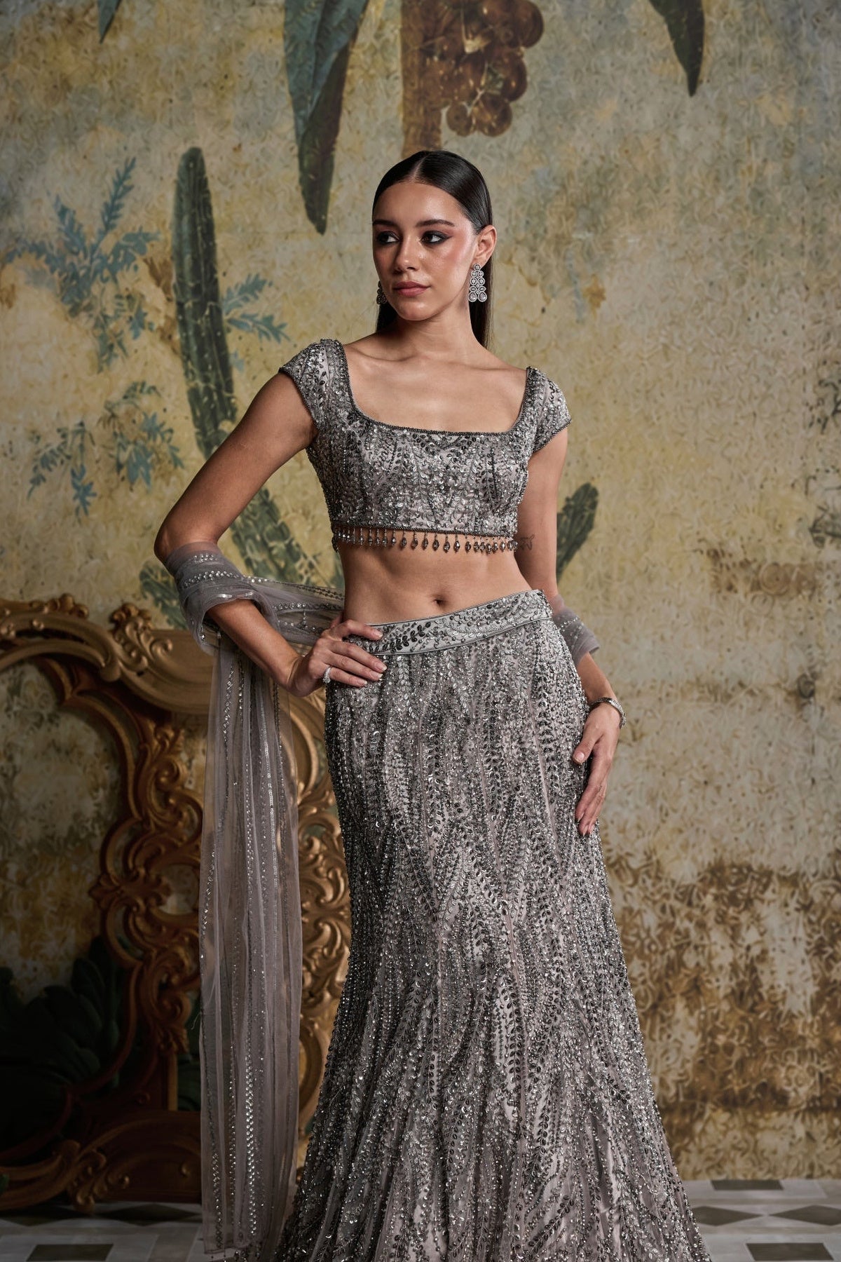 Grey Gunmetal Embellished Mermaid Skirt Set