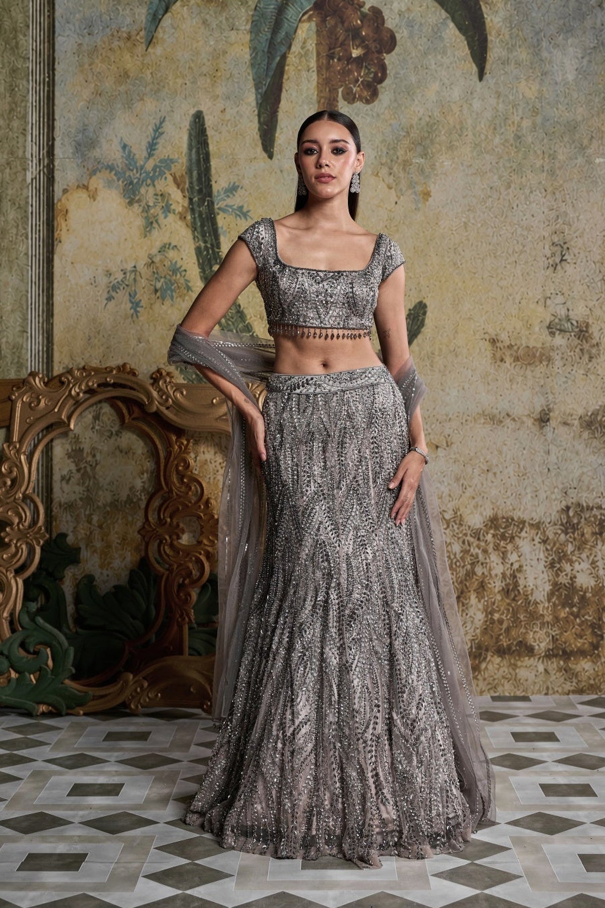 Grey Gunmetal Embellished Mermaid Skirt Set