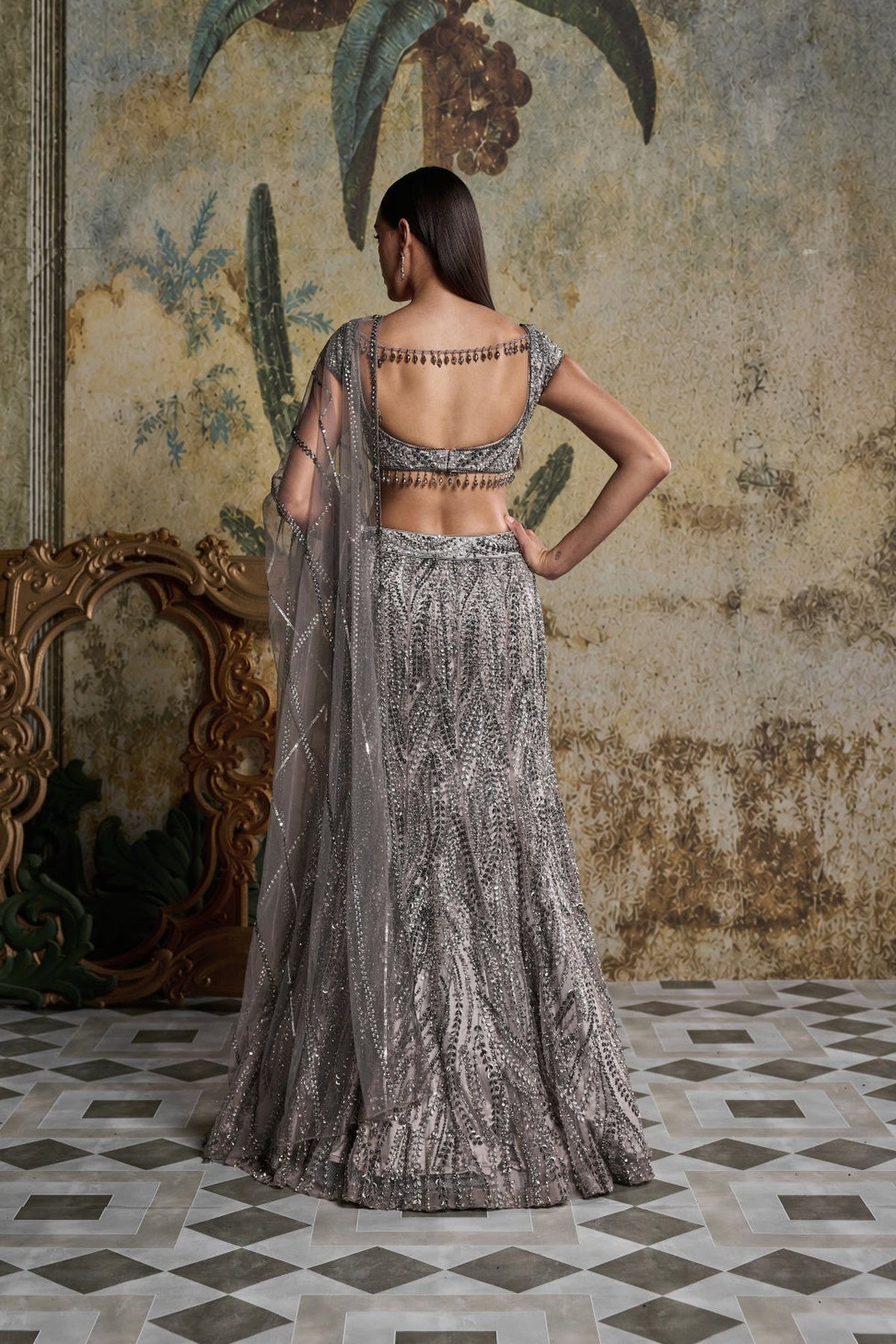 Grey Gunmetal Embellished Mermaid Skirt Set