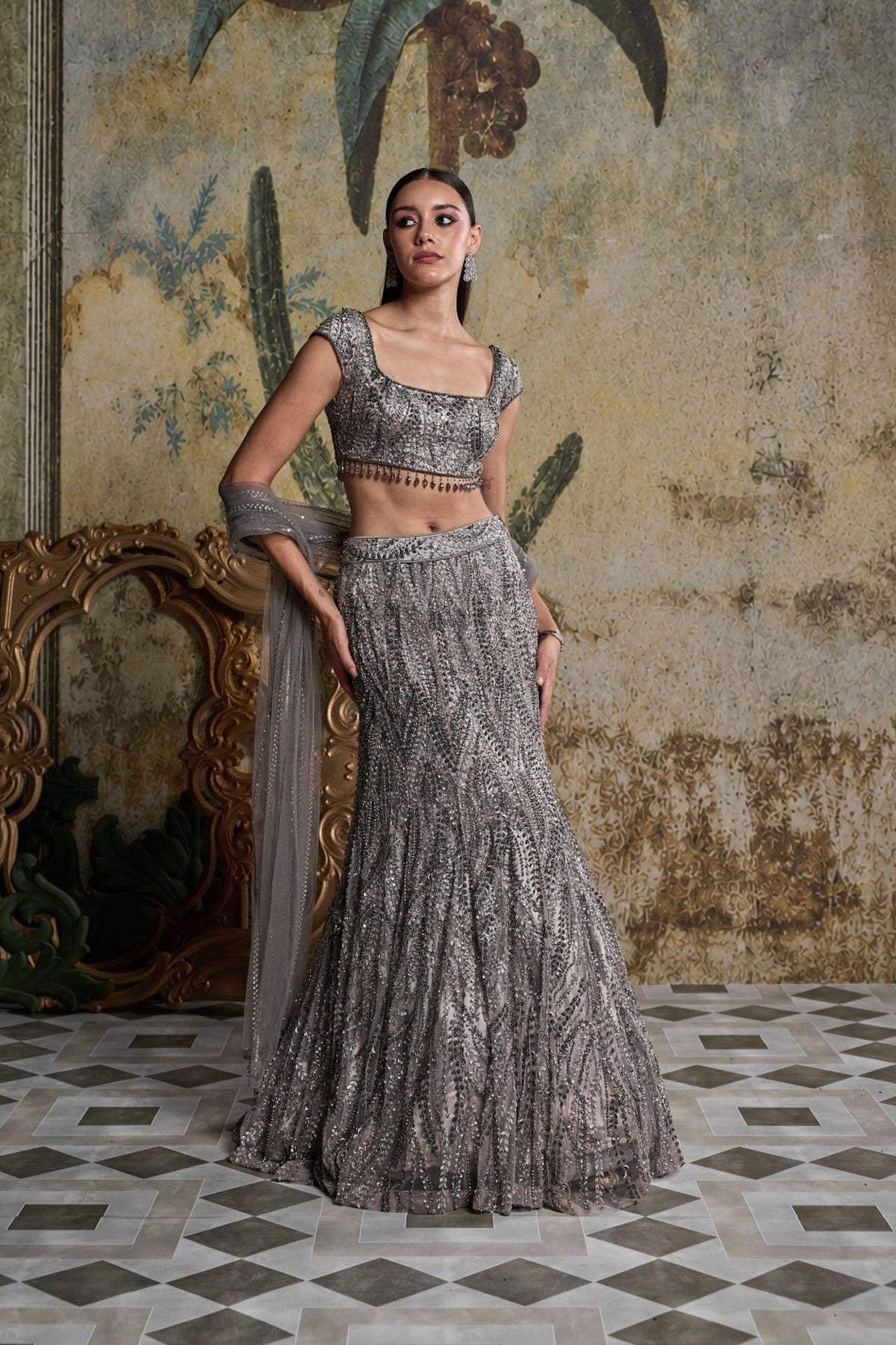 Grey Gunmetal Embellished Mermaid Skirt Set